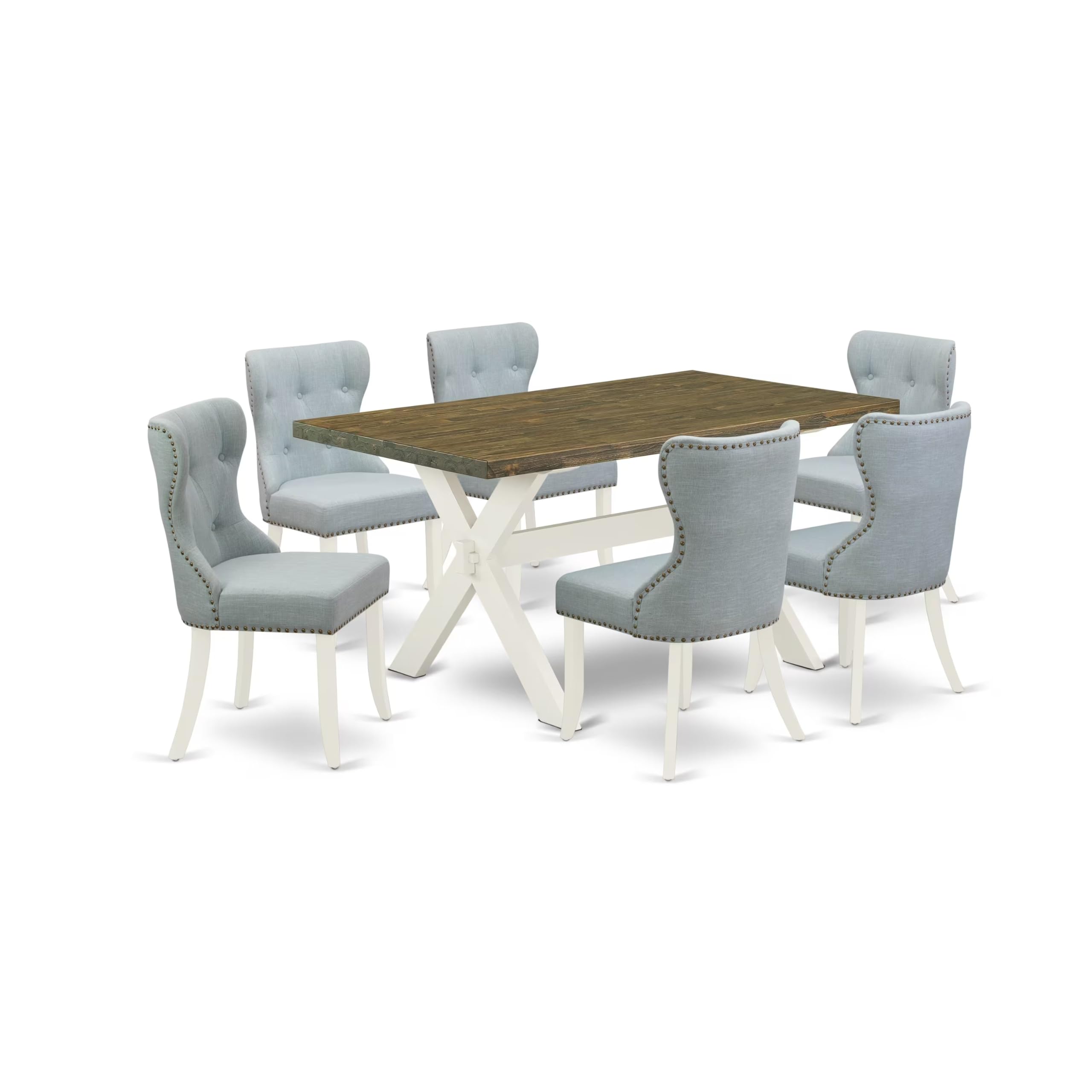 East West Furniture X076Si215-7 7 Piece Dining Set Consist Of A Rectangle Dining Room Table With X-Legs And 6 Baby Blue Linen Fabric Upholstered Chairs, 36X60 Inch, Multi-Color
