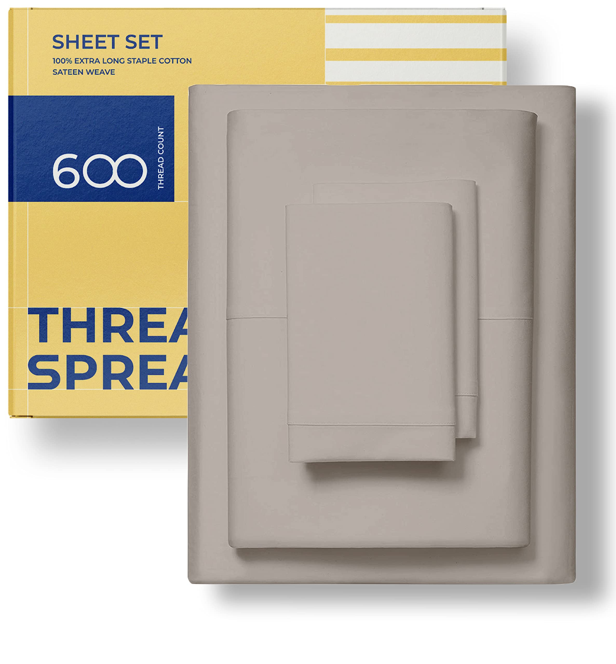 Thread Spread Luxury Sheets 600 Thread Count - Egyptian Cotton Quality Twin Size Sheet Set - Deep Pocket Fitted Bedding Sheets & Pillowcases - 3 Pc Breathable - Taupe Sheets For Boys & Girls