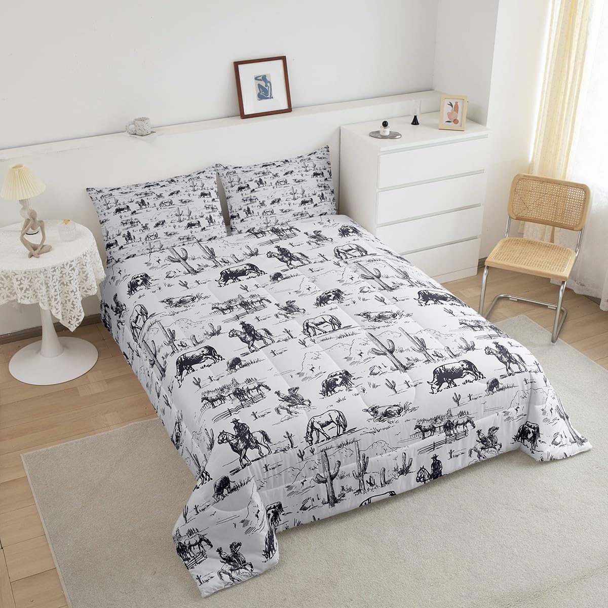 Feelyou Western Comforter Set Twin Size, White And Black Cowboy Cow Bedding Set Cowboy Comforter Desert Cactus Duvet Set Soft Be