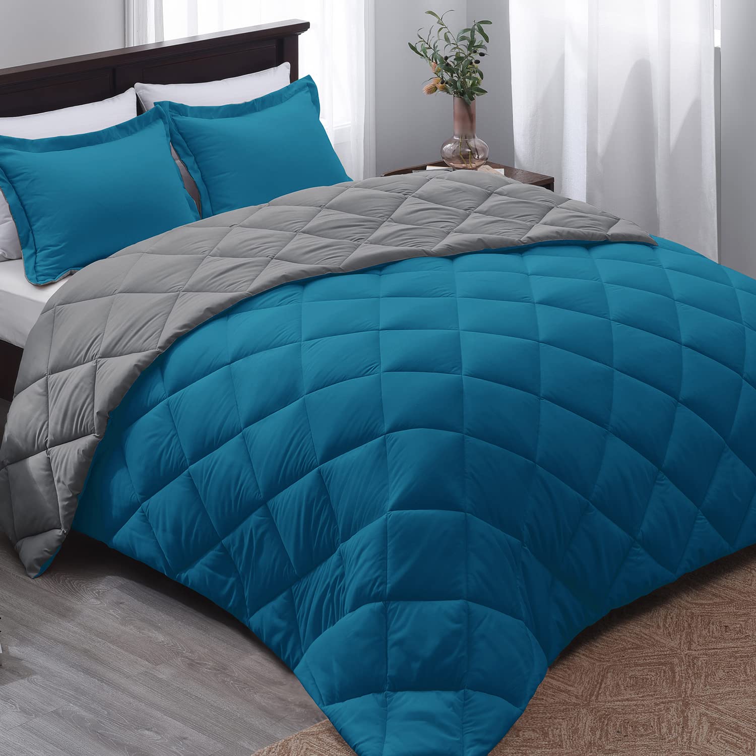 Basic Beyond Queen Comforter Set - Blue Comforter Set Queen, Reversible Bed Comforter Queen Set For All Seasons, Algiers Blue/Charcoal Gray, 1 Comforter (88'X92') And 2 Pillow Shams (20'X26'+2')