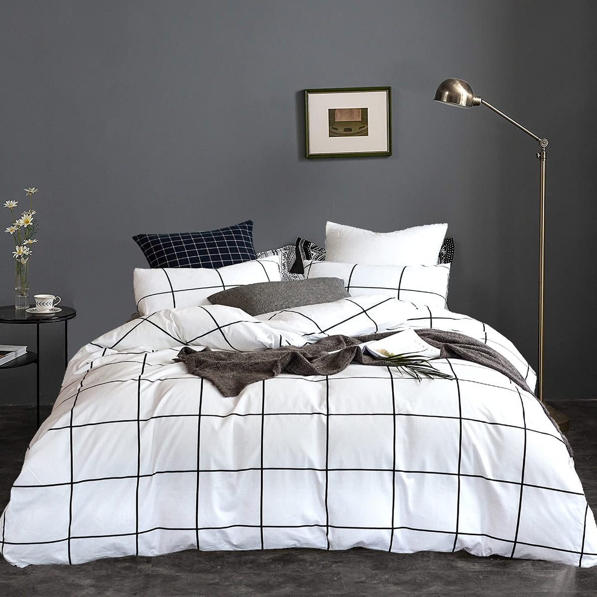Karever White Grid Comforter Set Big Grid Bedding Set Twin Cotton White With Black Plaid Printed Stripes Women Checkered Comfort