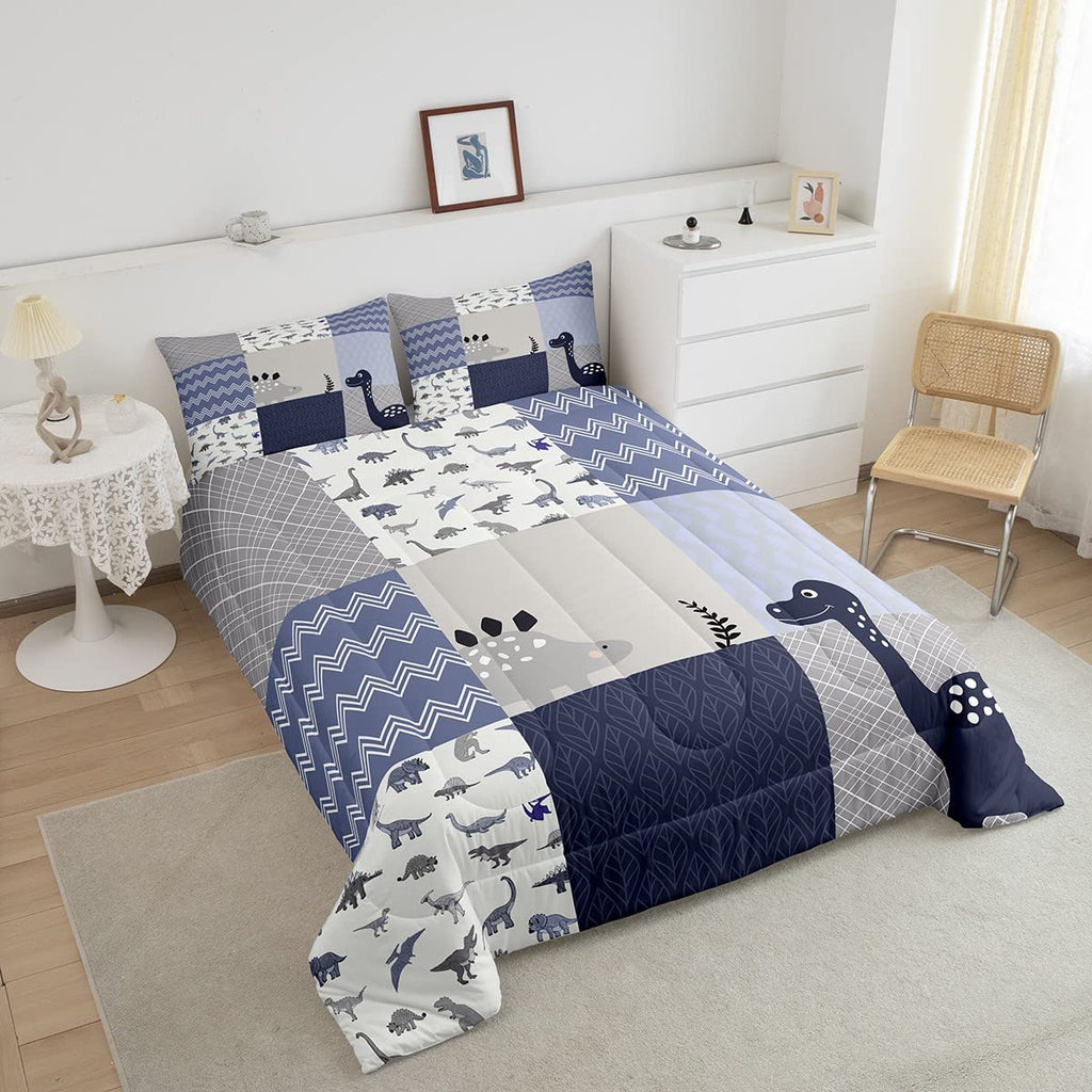 Cute Dinosaur Full Size Comforter Set Blue Gray Grid Bedding Set For Kids Adults Teens Kids Cartoon Animals Comforter Luxury Waves Stripes Quilt Set Room Decor 3Pcs