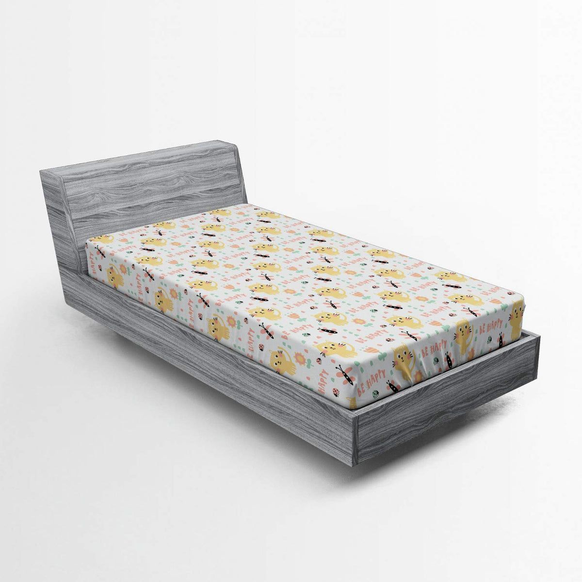 Ambesonne Cartoon Fitted Sheet, Pastel Pattern Kittens Butterflies Ladybugs And Flowers, Soft Decorative Fabric Bedding All-Roun