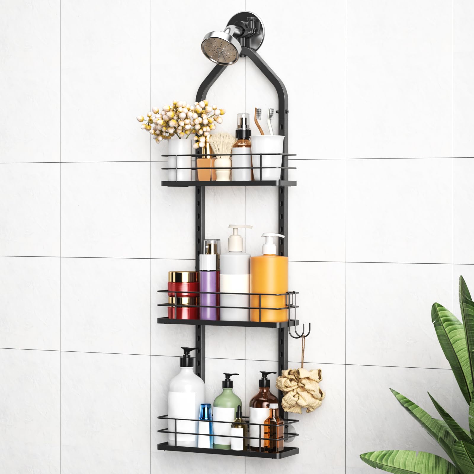 Shower Caddy Hanging (Black), Adjustable Anti-Swing-Over The Shower Head Caddy, 3 Tier Height Bathroom Storage Organizer Bathroo