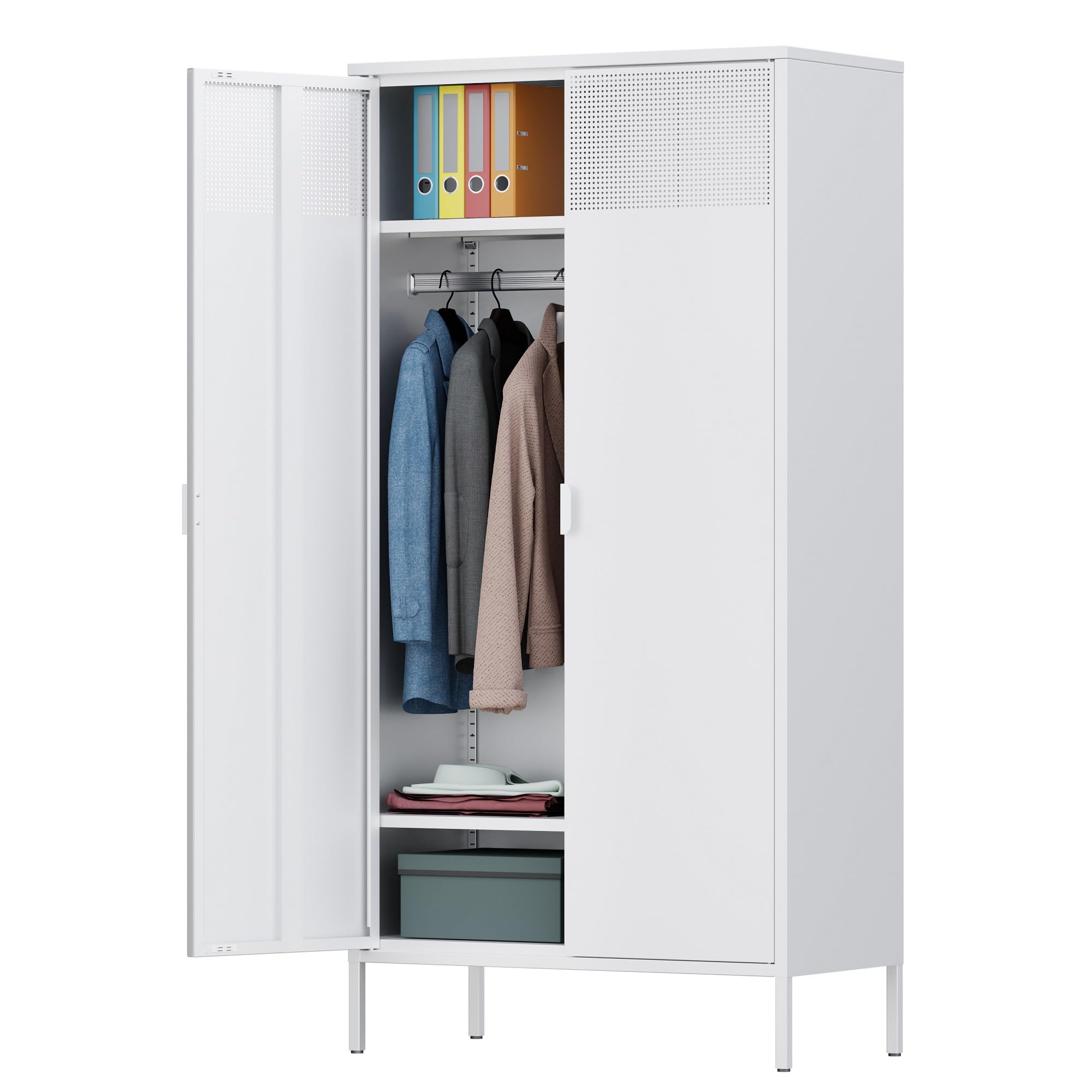 Ustamio 71 Inches White Metal Wardrobe Cabinet With Hanging Rod, Metal Armoire Wardrobe Closet With Doors For Bedroom, Office, L