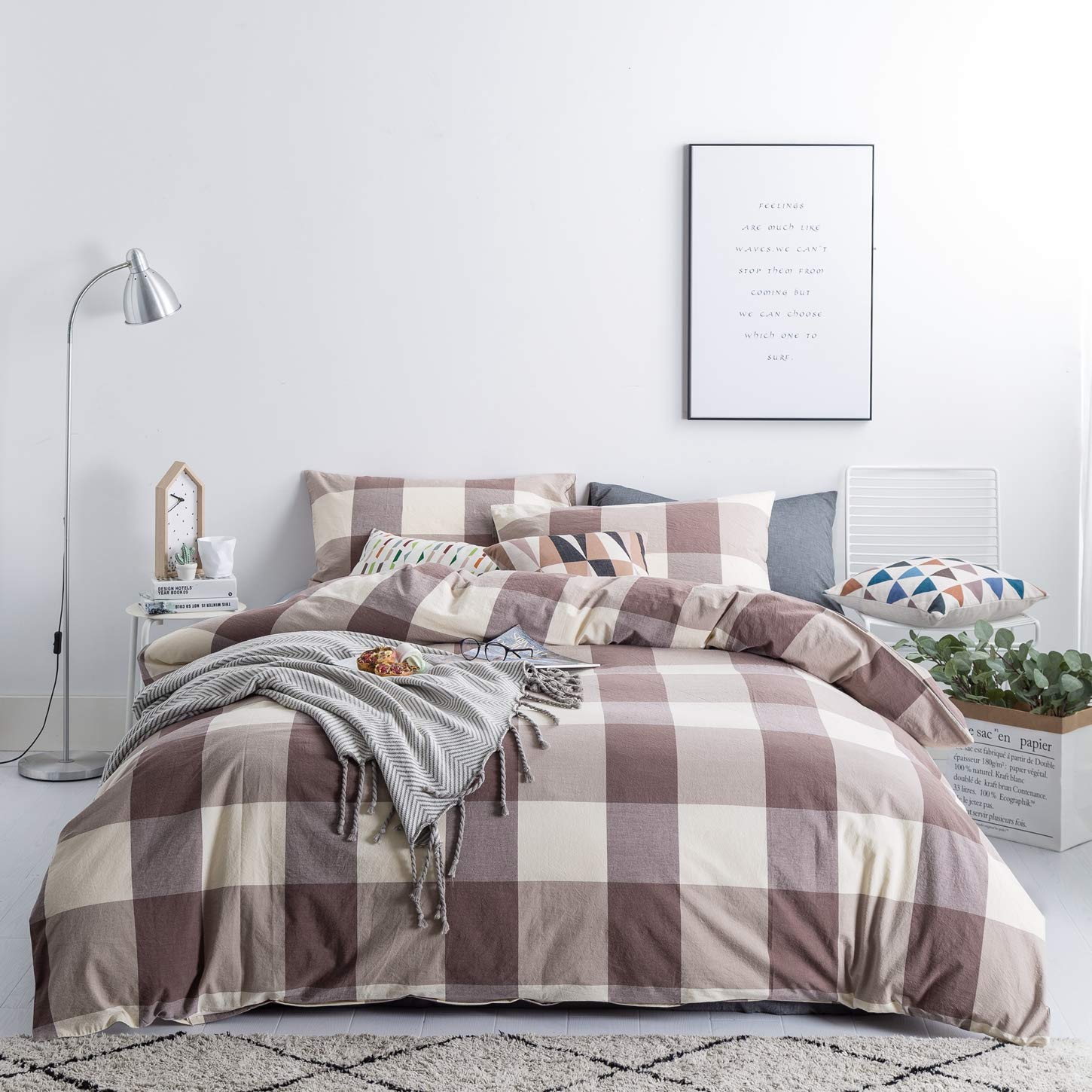 Susybao Buffalo Checkered Duvet Cover Queen 100% Washed Cotton Brown Khaki Plaid Duvet Cover 3 Pcs Set 1 Neutral Gingham Duvet C