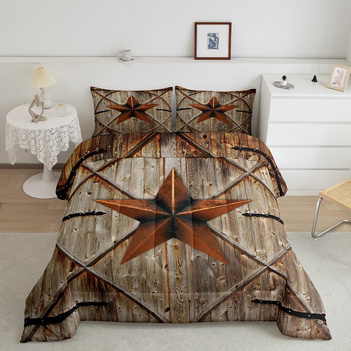 Western Texas Star Kids Comforter Set Queen Size,Old Wooden Door Vintage Bedding Set,Boys Girls Adults Room Decor,Western Cowboy