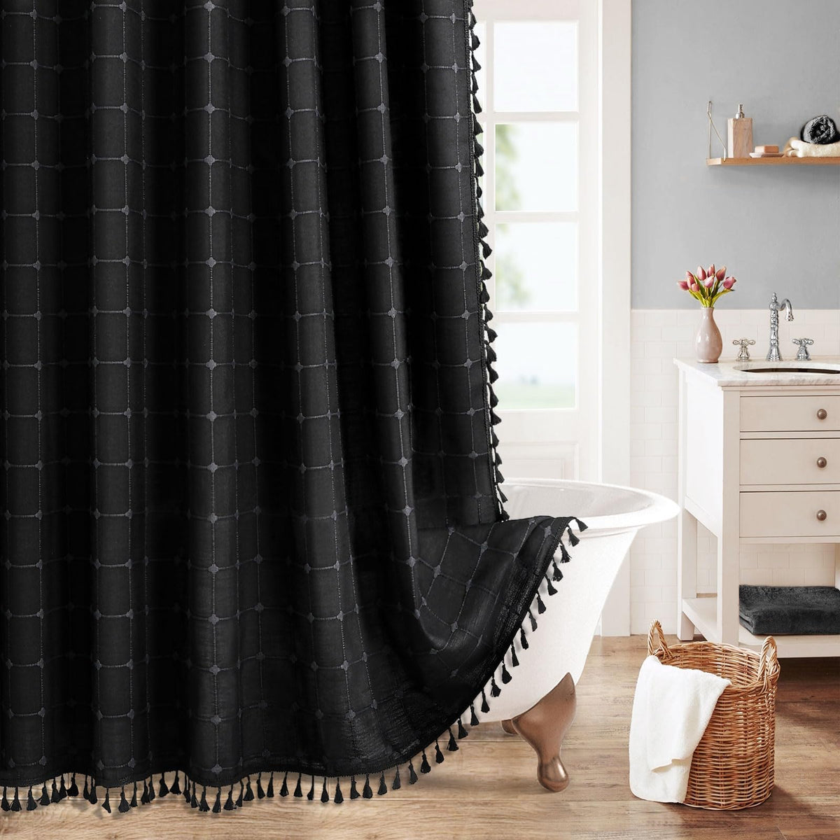 Mitovilla 72 X 84 Black Boho Extra Long Shower Curtain, Modern Farmhouse 84 Inch Xl Cotton Linen Texture Tassel Fabric Shower Cu