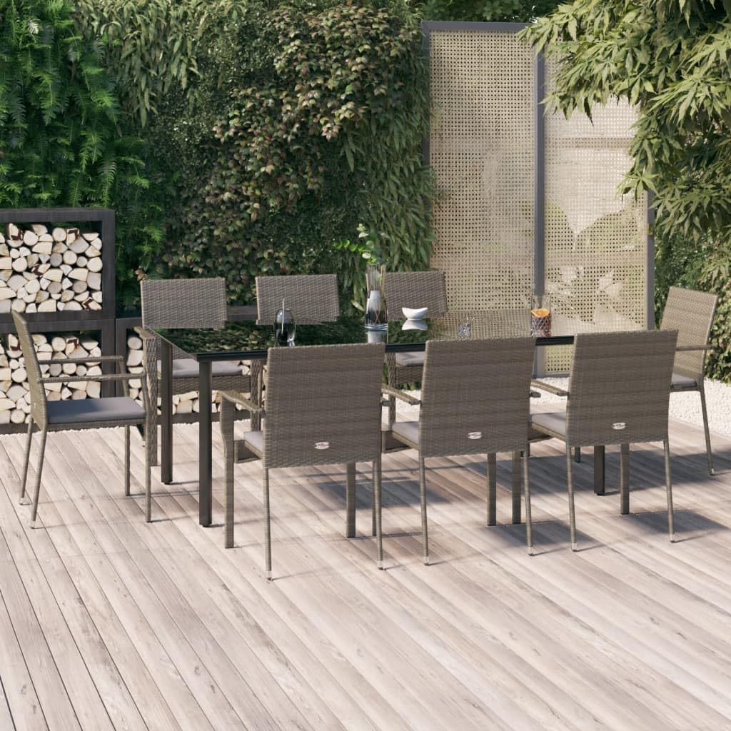 vidaXL 9-Piece Outdoor Dining Set, Modern Patio Furniture with Tempered Glass Tabletop, Black and Gray Poly Rattan Garden Chairs with Dark Gray Cushions