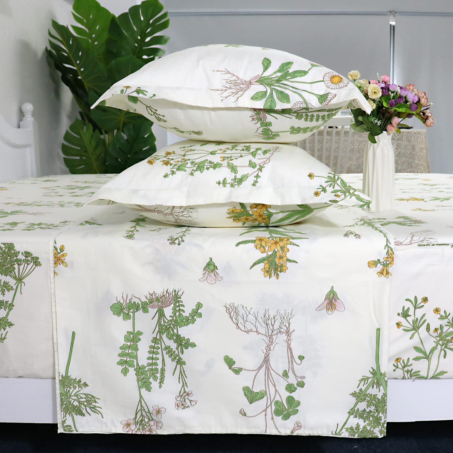 Fadfay Floral Fitted Sheet Set 100% Cotton White Bedding Set Green Flower Printed Pattern Flat Sheet Sets Shabby Comfy Chic Bed