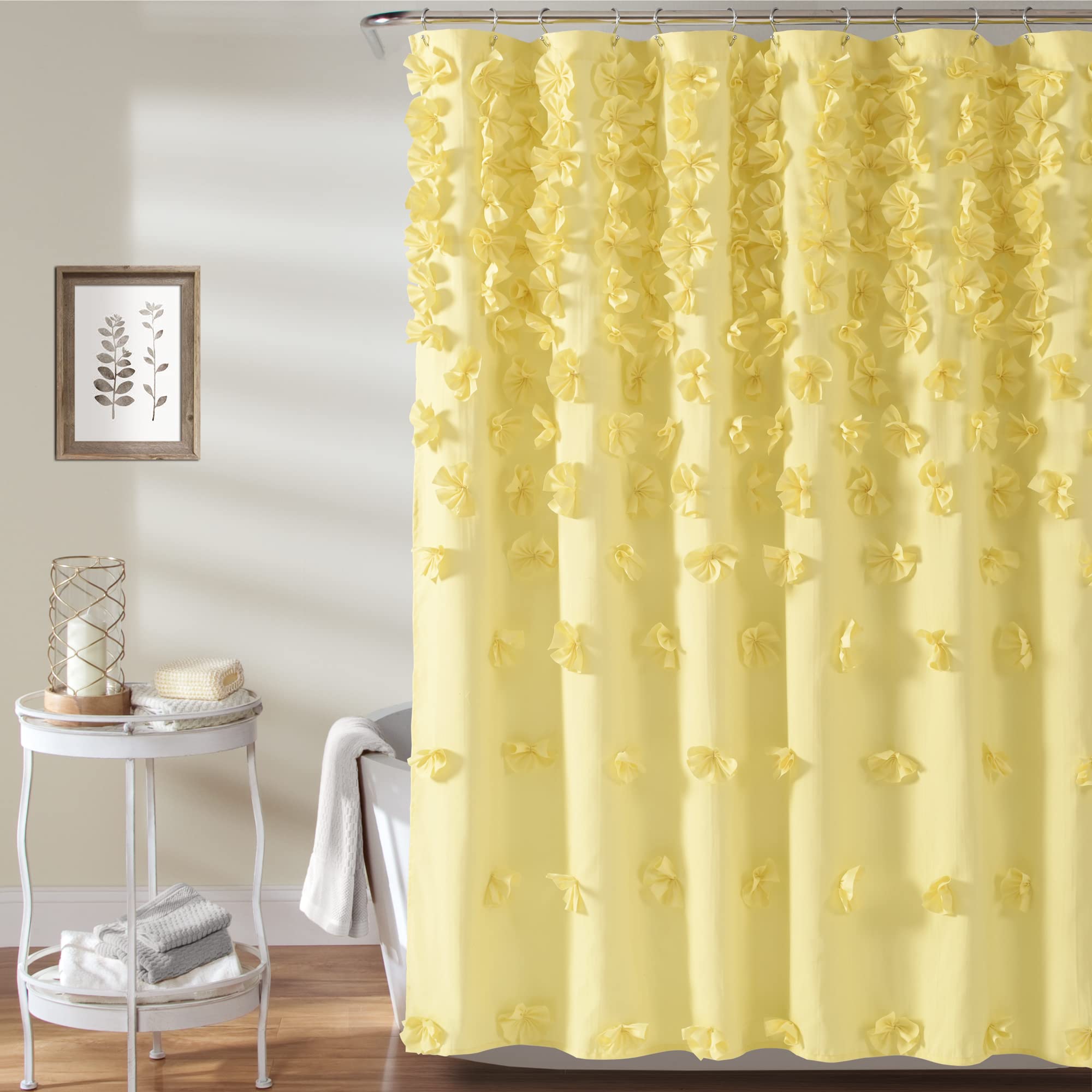 Lush Decor Riley Shower Curtain Bow Tie Textured Fabric Vintage Chic Farmhouse Style Bathroom Decor, 0, Yellow