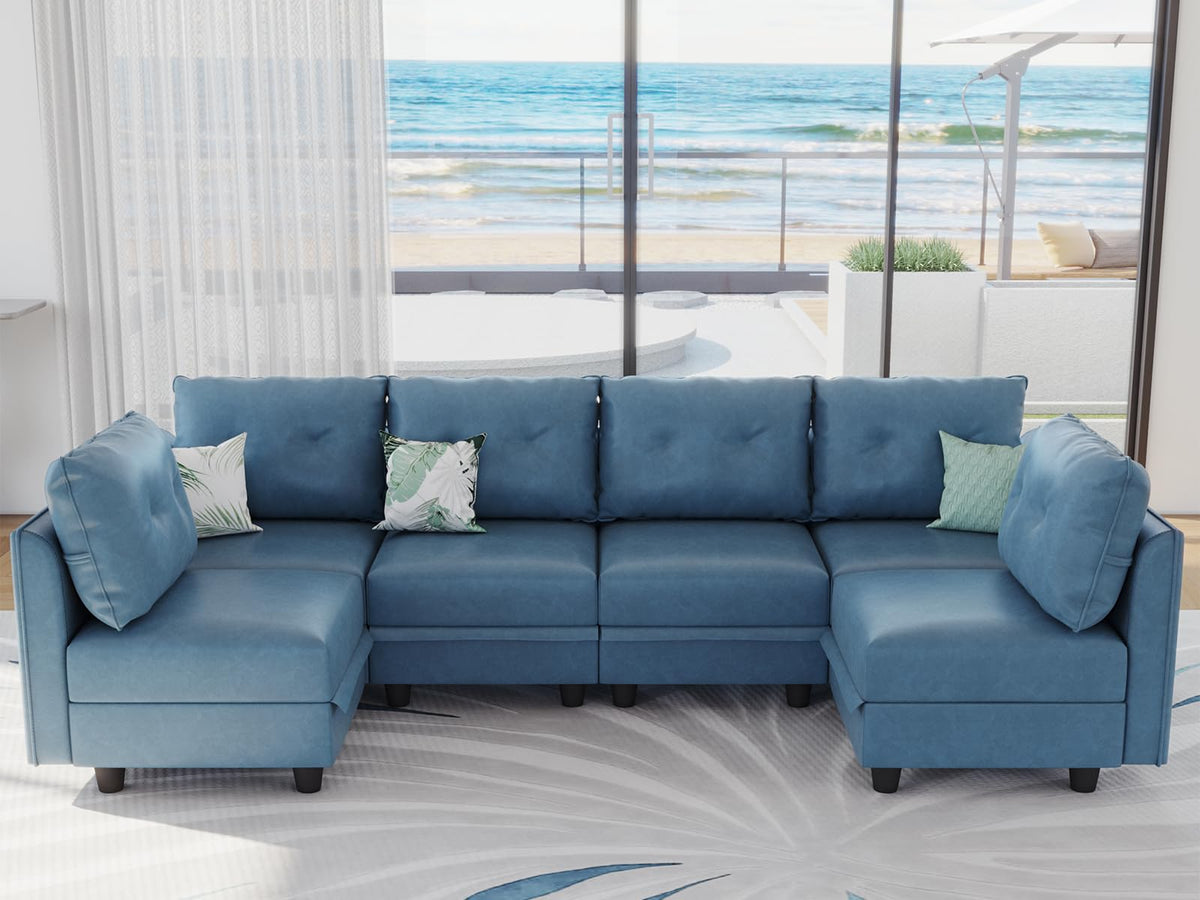Llappuil Modular Sectional Sofa, Convertible U Shaped Sectional Couch With Storage, Modular Sectionals For Living Room, Faux Leather Fabric Waterproof Sofa, 6 Seat, Navy Blue