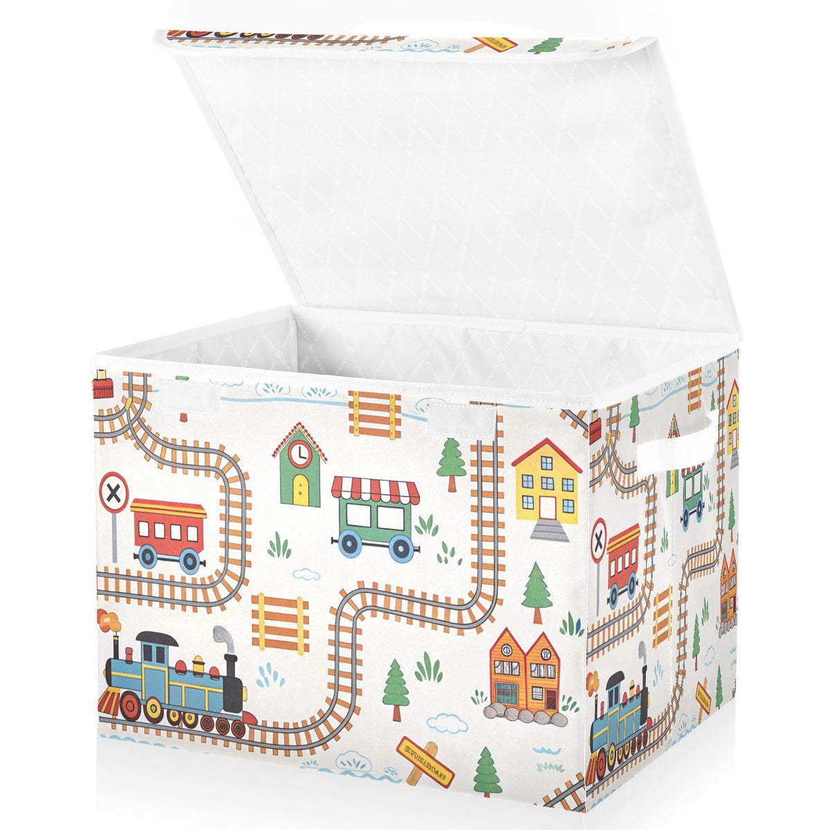 CZXW Cartoon Playful Train Fabric Storage Bin with Lid, Collapsible Basket with Handles, Shelf Cube Closet Organizer for Home an