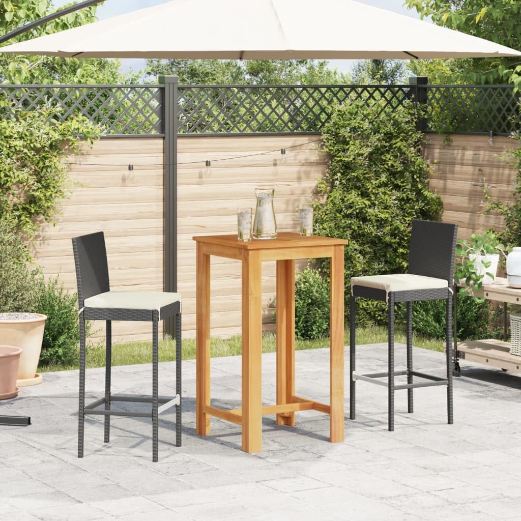 vidaXL 3-Piece Patio Bar Set-Black Poly Rattan & Solid Acacia Wood Table-Square Outdoor Garden Furniture with Cream White Cushions