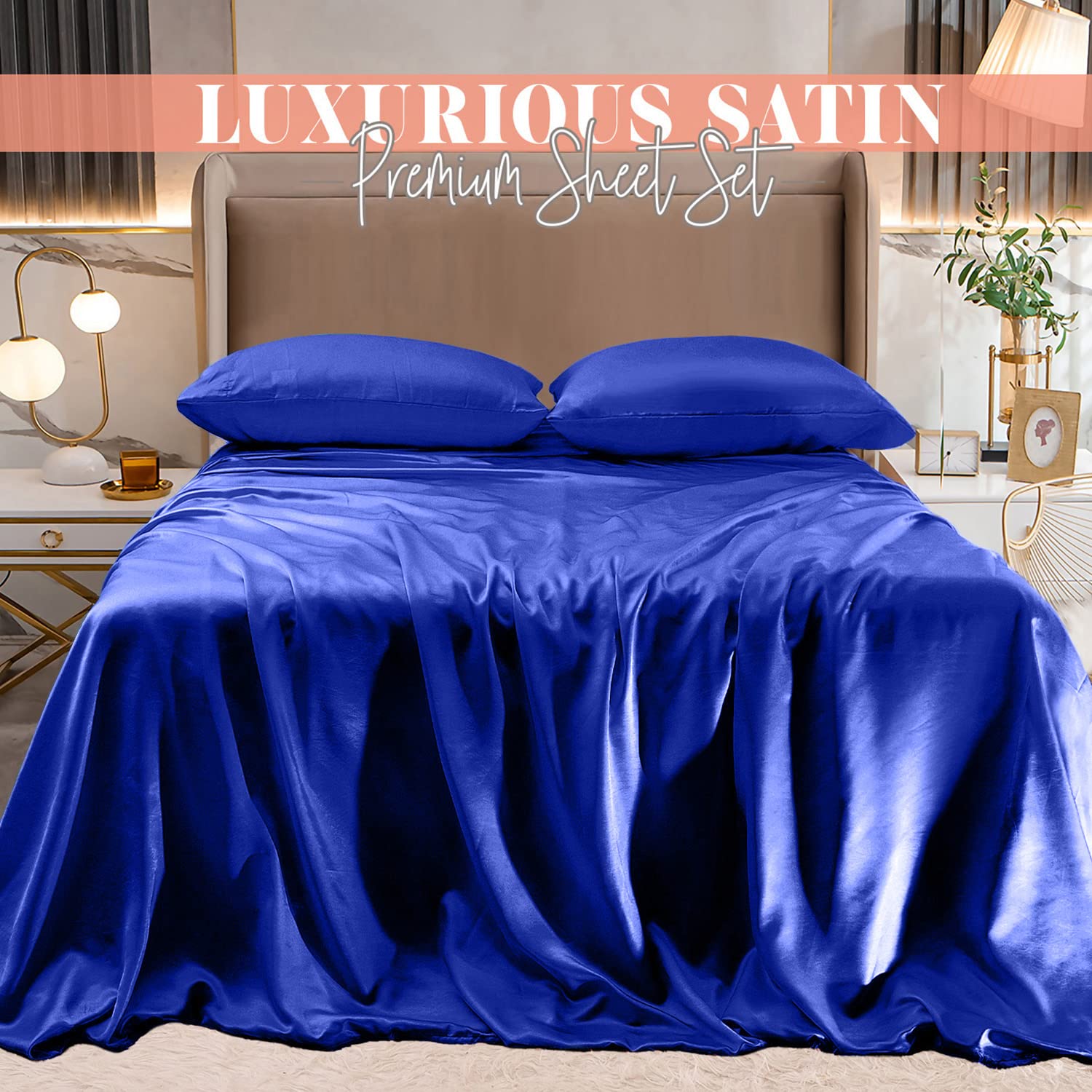 Elegant Comfort Luxurious 4-Piece Silky Satin Sheet Set, Skin And Hair Friendly, Wrinkle, Fade, Stain Resistant With Deep Pockets Fitted Sheet, Cooling Soft Satin Sheet Set, King, Royal Blue