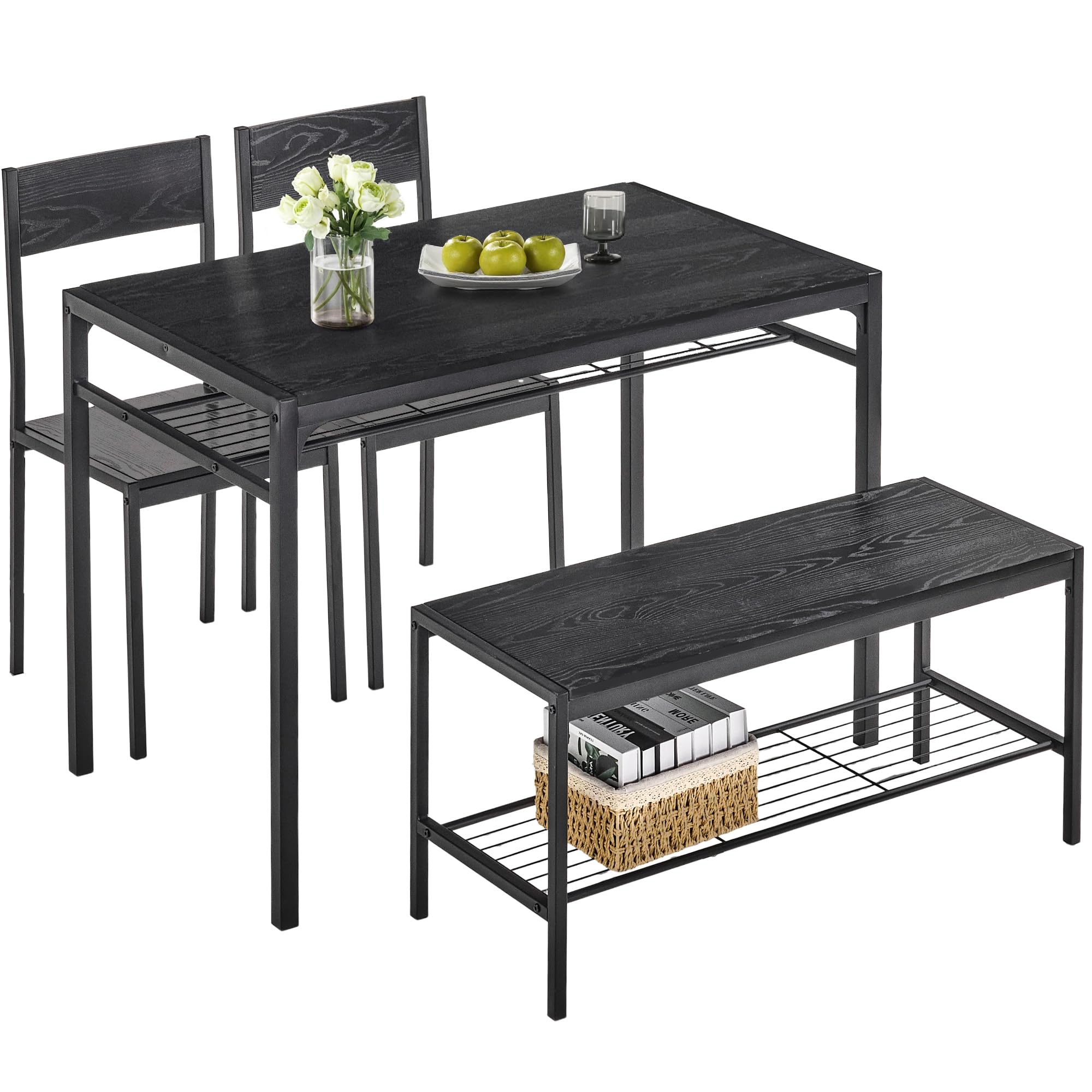 Vecelo Kitchen Dining Room Table With 2 Chairs & Bench, Compact Space-Saving Design, Easy Assembly Steel Frame, Perfect For Smal