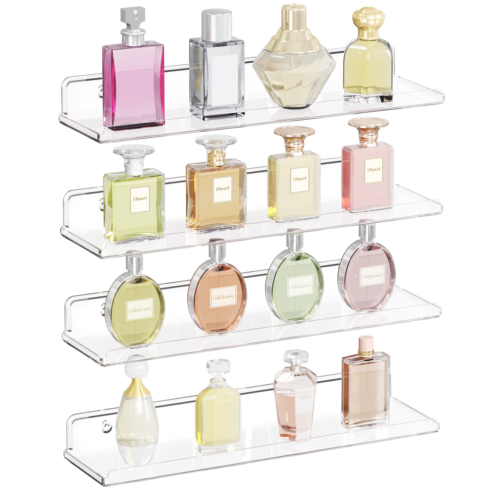 Lifewit Floating Shelves For Wall, 4 Pack 15' Clear Acrylic Shelf Room Decor For Book/Figures/Photo/Makeup In Bathroom, Book Shelf, Living Room, Bedroom, Kitchen Storage And Organization