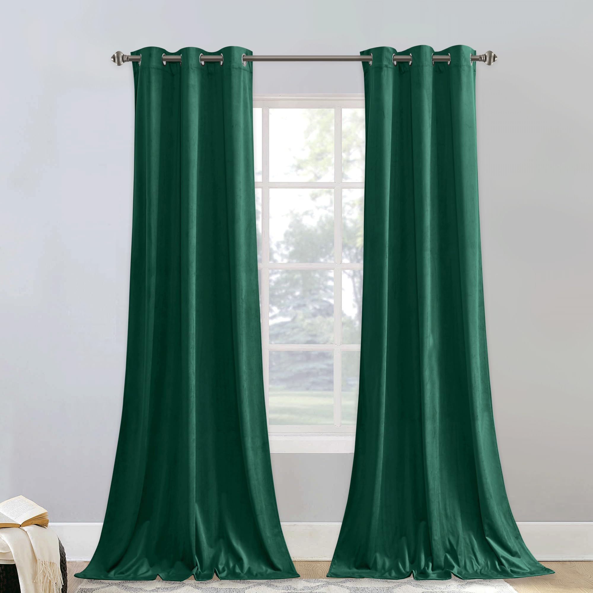 Stangh 90 Inch Decorative Velvet Curtains Emerald Green 2 Panels Set, Light Blocking Drapes With Grommet Privacy Added For Hallw
