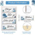 Joyhawk 4 Pieces Blue Flower Wall Decor For Bedroom, Accept-Let Go-Have Faith-Believe Wooden Inspirational Wall Art Decorations