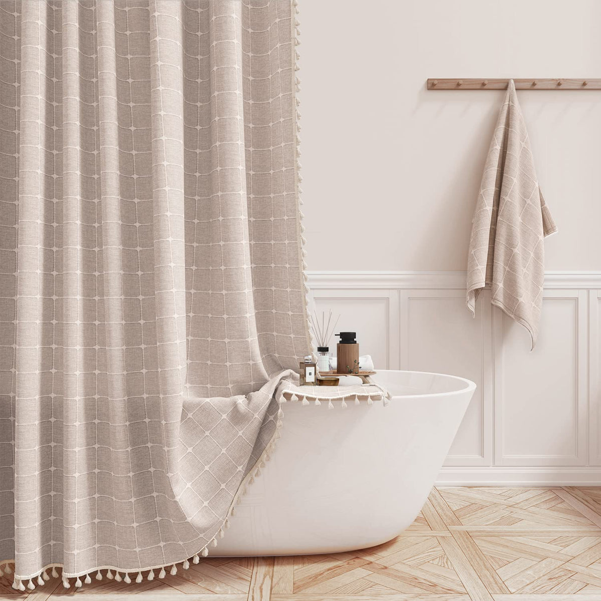 Bttn Boho Farmhouse Shower Curtain Set With Tassel, Linen Rustic Heavy Duty Fabric , Water Repellent, Bohemian French Country Te