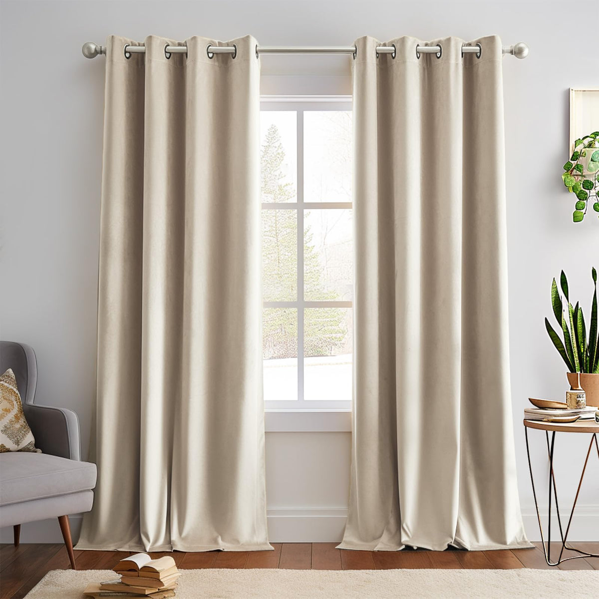 Jinchan Velvet Curtain For Living Room, Beige Thermal Insulated Luxury Drape For Bedroom 84 Inch Long, Stylish Soft Privacy Room