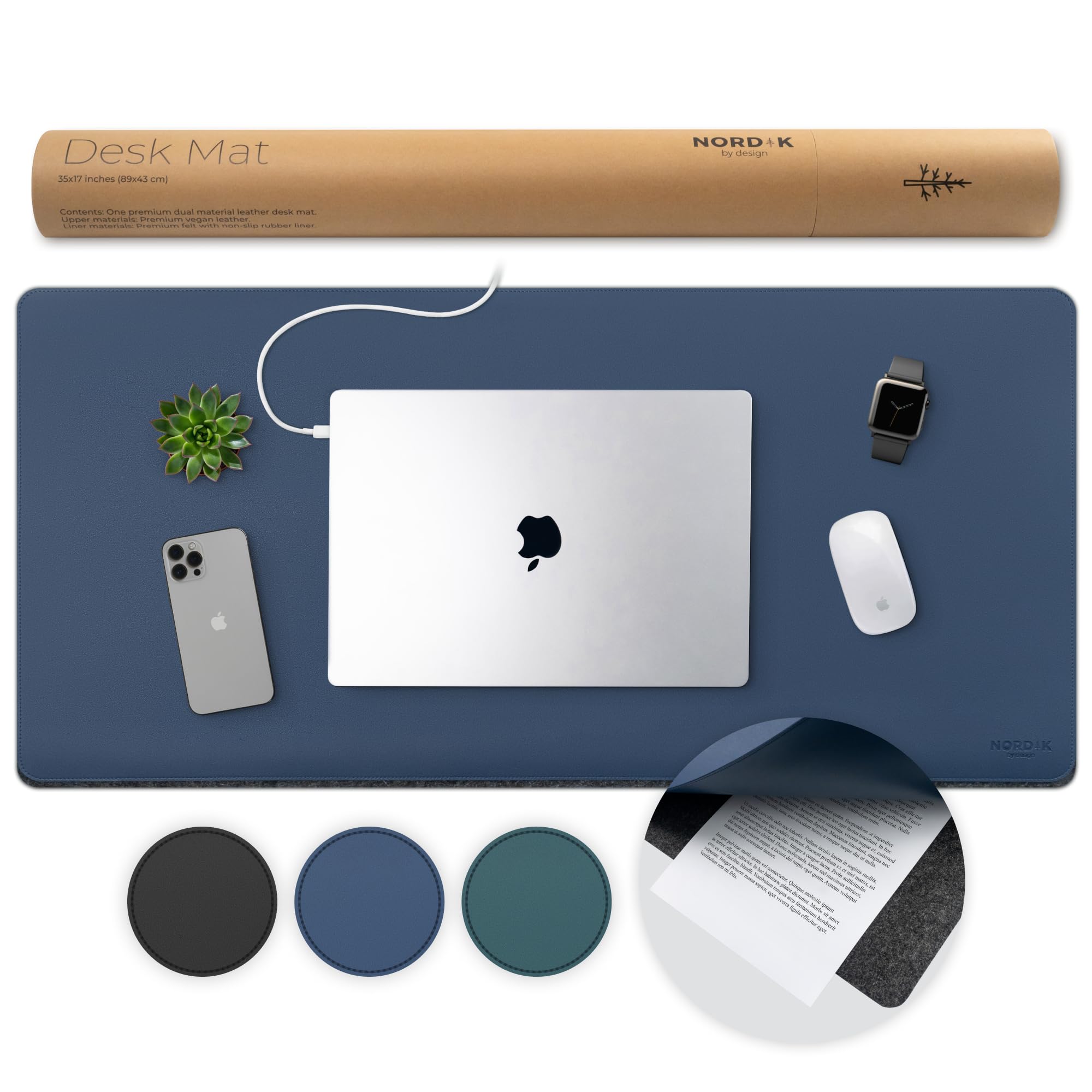 Nordik Felt And Leather Desk Mat Non-Slip - Blue - 35 X 17 Inch - Felt And Vegan Leather Desk Pad - Document Organizers - Desk B