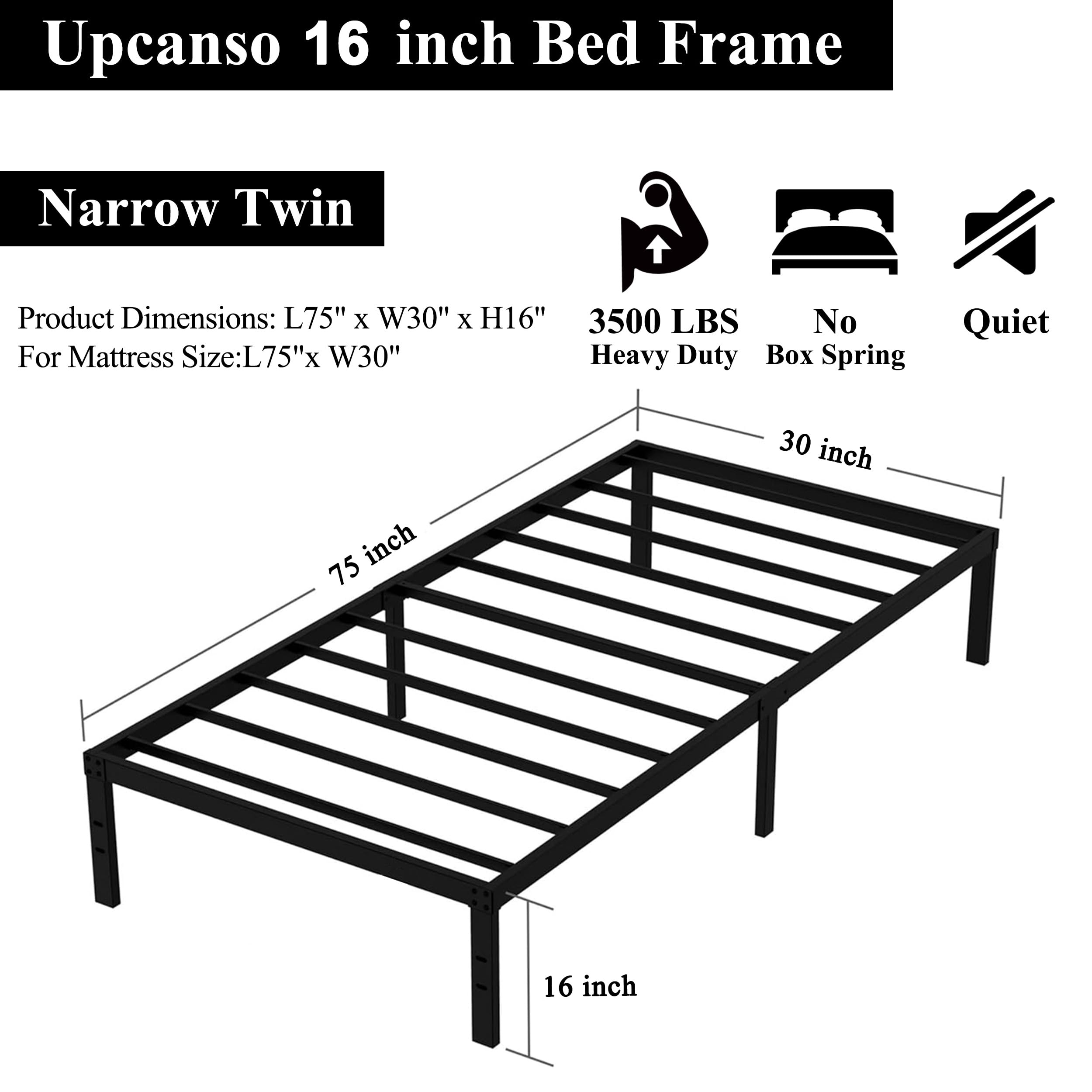 Upcanso 16 Inch Narrow Twin Bed Frame 30X75 No Box Spring Needed, Metal Platform 75X30 Narrow Twin Bed Frames, Eassy Assembly 3,500 Lbs Heavy Duty Bedframes, Black