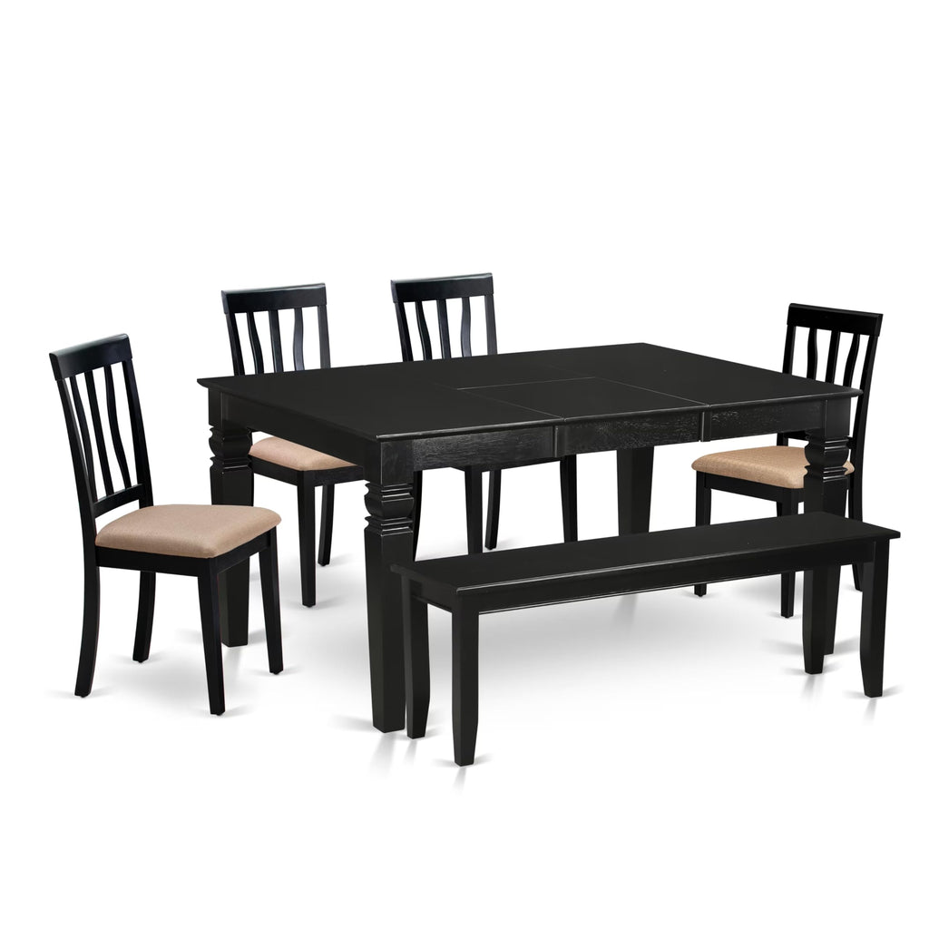 East West Furniture WEAN6D-BLK-C 6 Piece Dining Set Contains a Rectangle Dining Table with Butterfly Leaf and 4 Linen Fabric Upholstered Chairs with a Bench, 42x60 Inch, Black