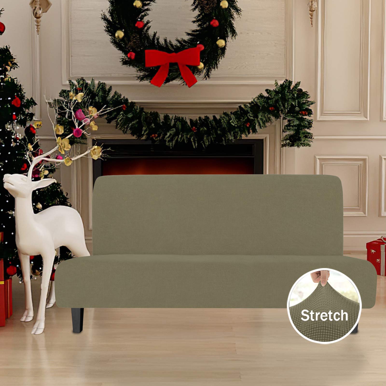Easy-Going Stretch Futon Slipcover Armless Futon Bed Cover Furniture Protector Without Armrests With Elastic Bottom For Kids, Soft Jacquard Fabric Small Checks (Large, Khaki)