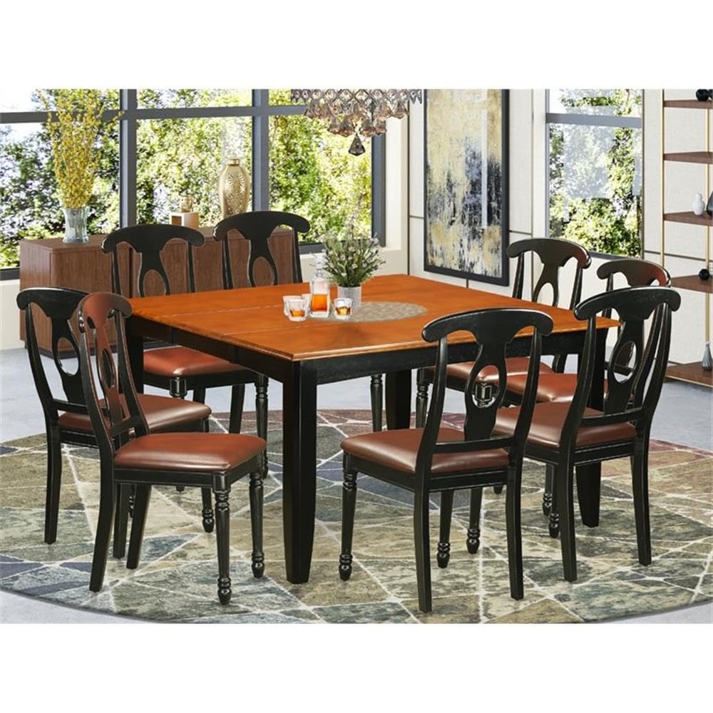 East West Furniture PFKE9-BCH-LC 9 Piece Dining Table Set Includes a Square Dinner Table with Butterfly Leaf and 8 Faux Leather Dining Room Chairs, 54x54 Inch, Black & Cherry