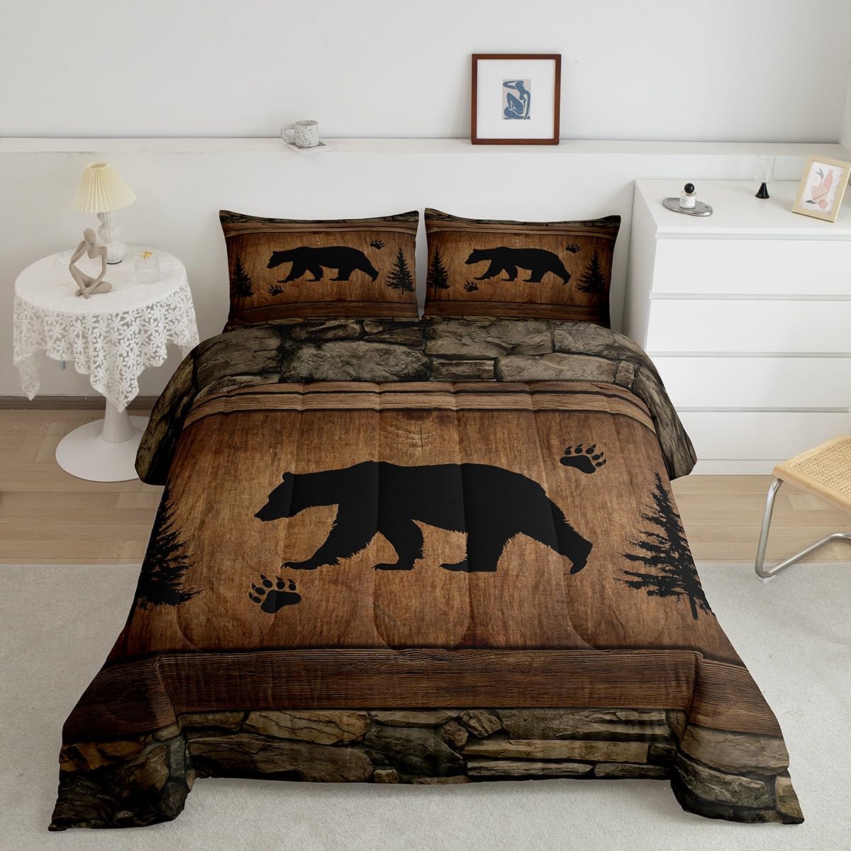 Manfei Rustic Bear Comforter Set Queen Size, Wildlife Hunting Theme Quilt Set With 2 Pillowcases, Wild Animal Bedding Set 3Pcs F