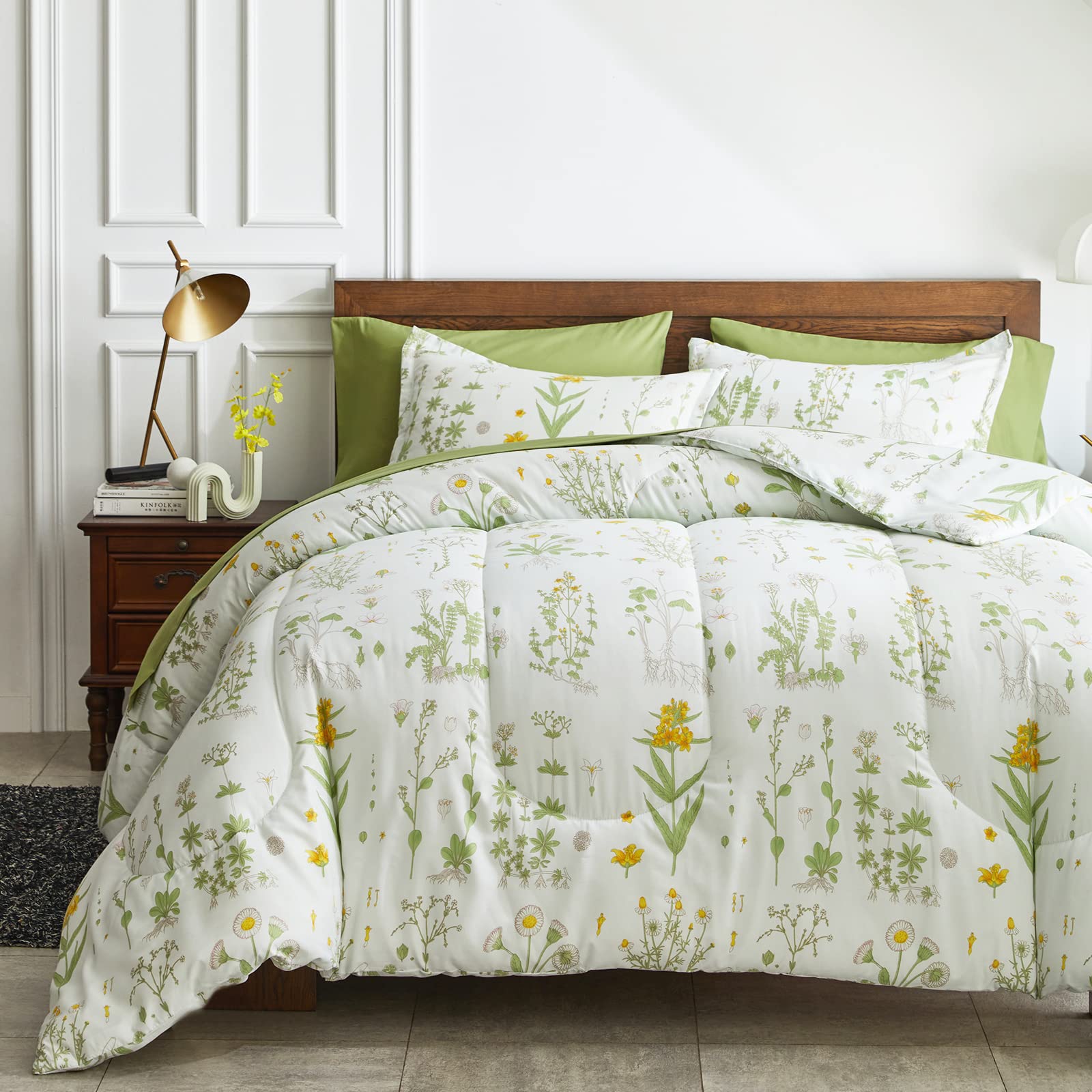 Joyreap 7 Piece Botanical Bed In A Bag Queen, Green Leaves Yellow Flower On Green Tint, Smooth Soft Microfiber Comforter Sheet S