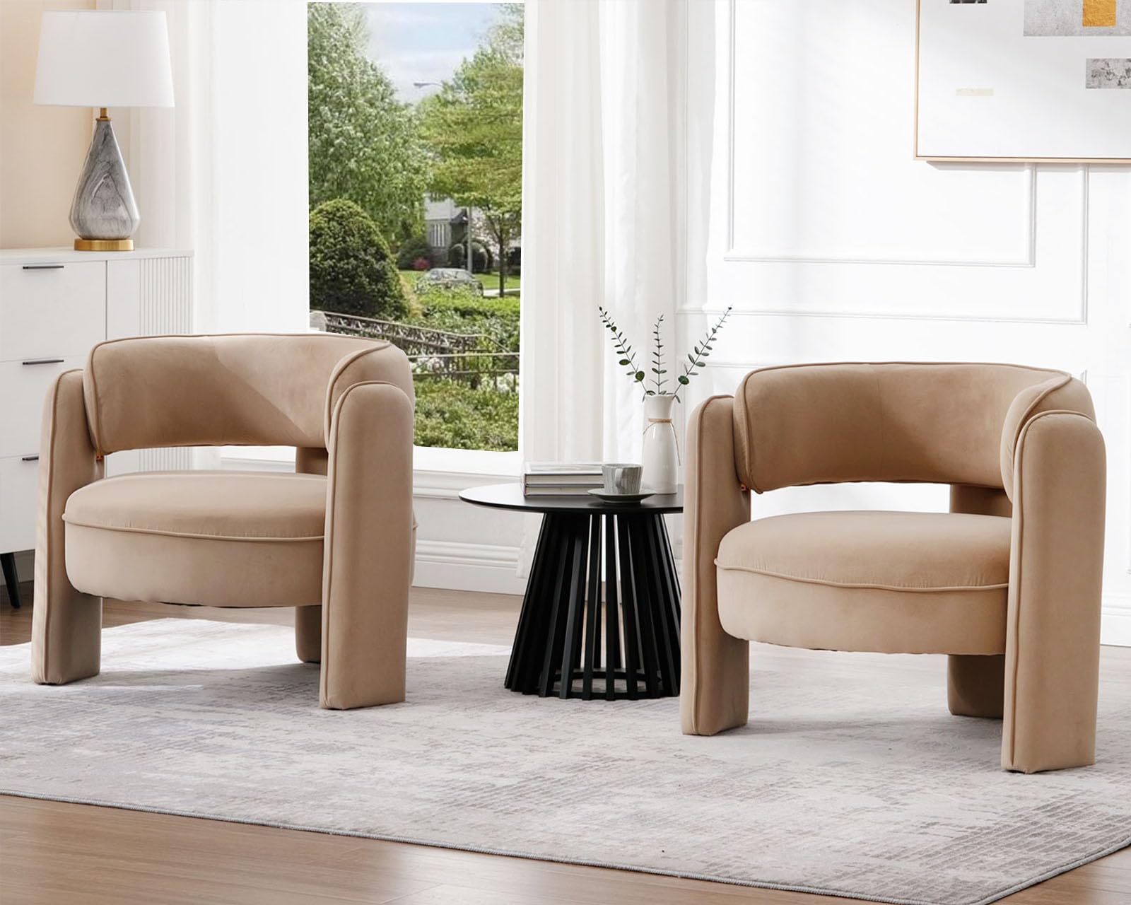 Hny Mid Century Modern Velvet Barrel Accent Chairs Set Of 2 Clearance, Comfy Round Upholstered Armchairs With Open Back, Side Cl