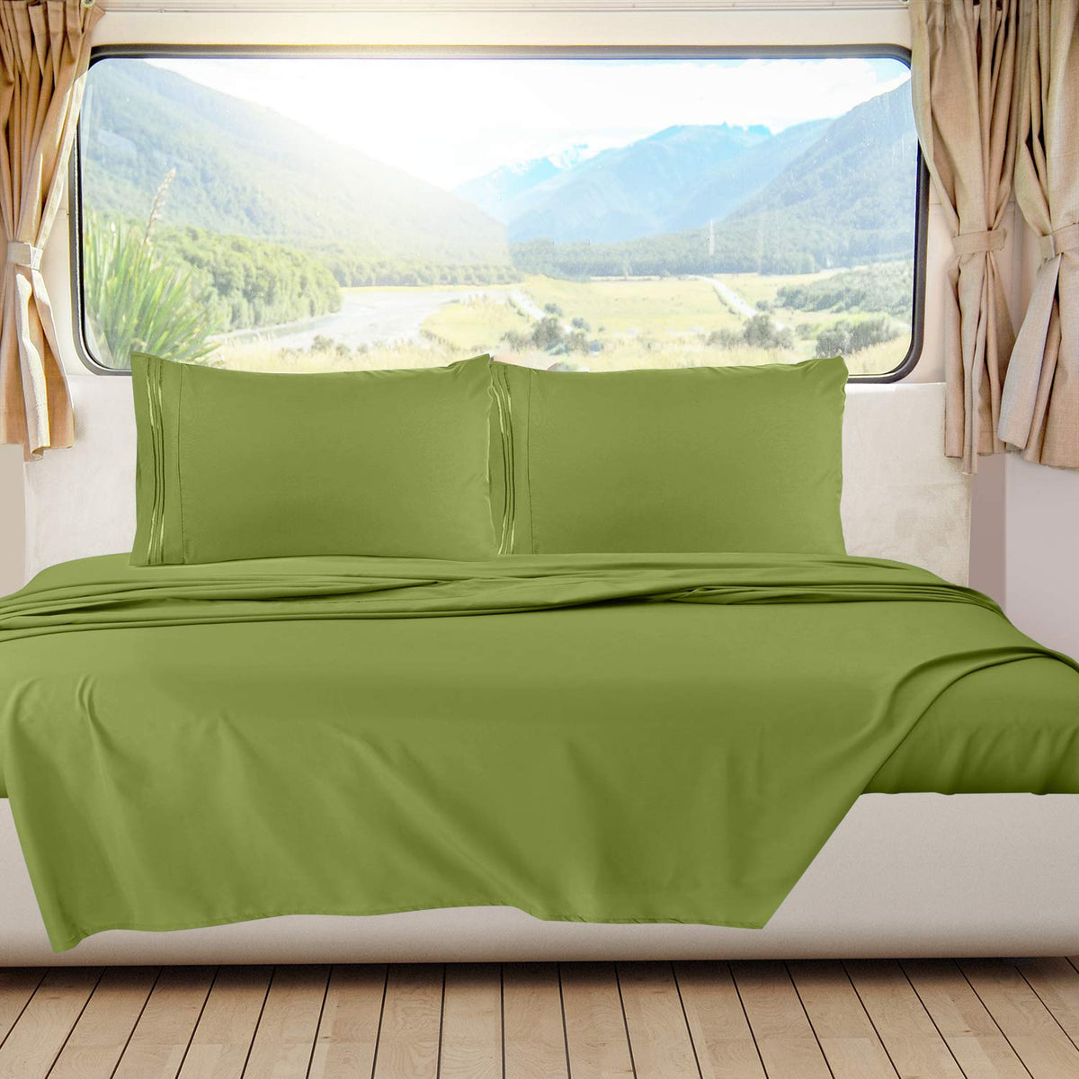 Nestl Calla Green Rv Queen Sheets - Super Soft Rv Short Queen Sheets For Rv Camper, 6 Piece 1800 Microfiber Fitted Rv Sheets, Do