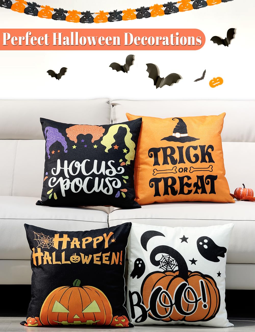 Halloween Decorations Double-Side Printing Pillow Covers 18'' X 18'' Set Of 4, With 8 Cute Halloween Decor Patterns, Elegant Inv