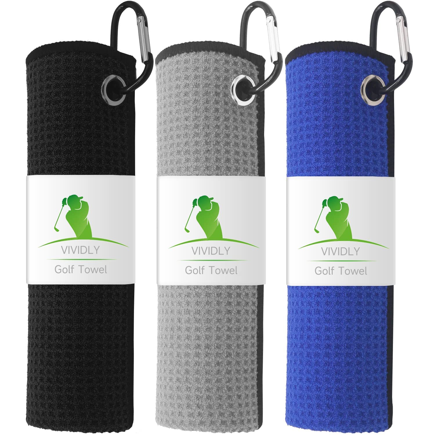 VIVIDLY 3 Pack Golf Towels, Microfiber Waffle Pattern Golf Towel-Contains Golf Towels in Three Colors of Black, Blue and Gray, S