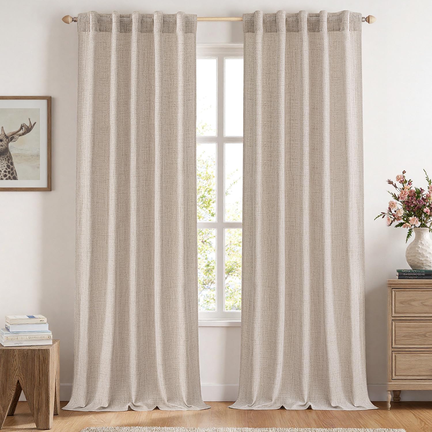 MIULEE Faux Linen Curtains 96 Inch Length 2 Panels Natural Semi Sheer Curtain with Back Tab Rod Pocket, Light Filtering Window P