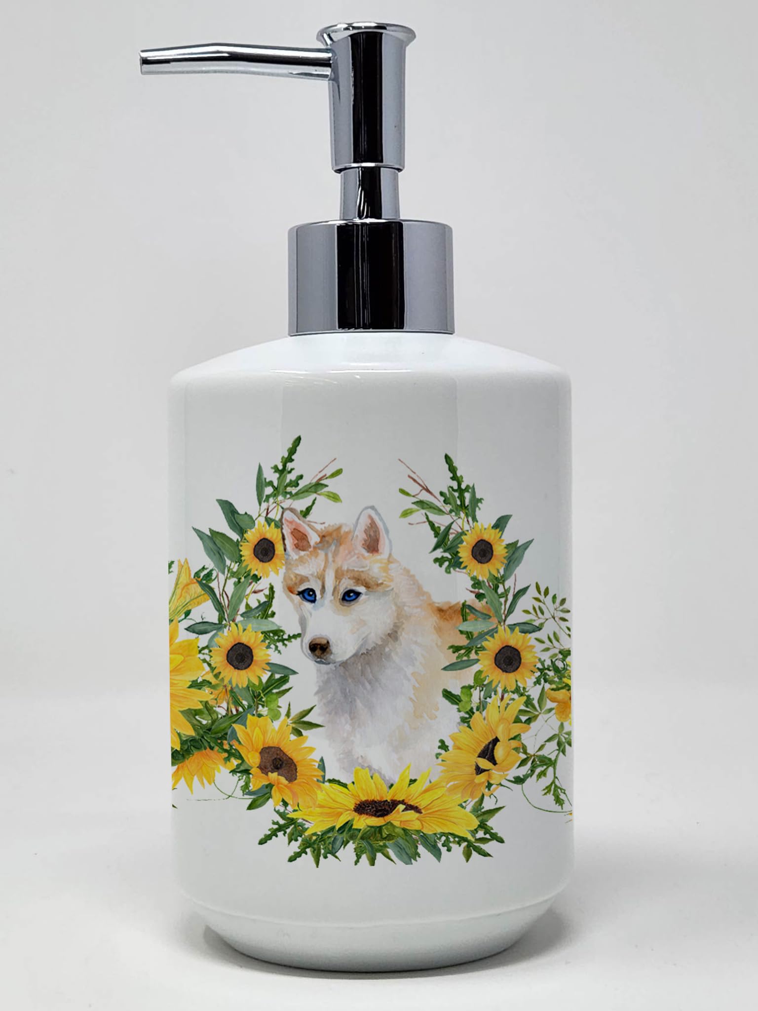 Caroline's Treasures CK2847SOAP Siberian Husky in Sunflowers Ceramic Soap Dispenser Hand Soap Dispenser Pump Bottles for Bathroo