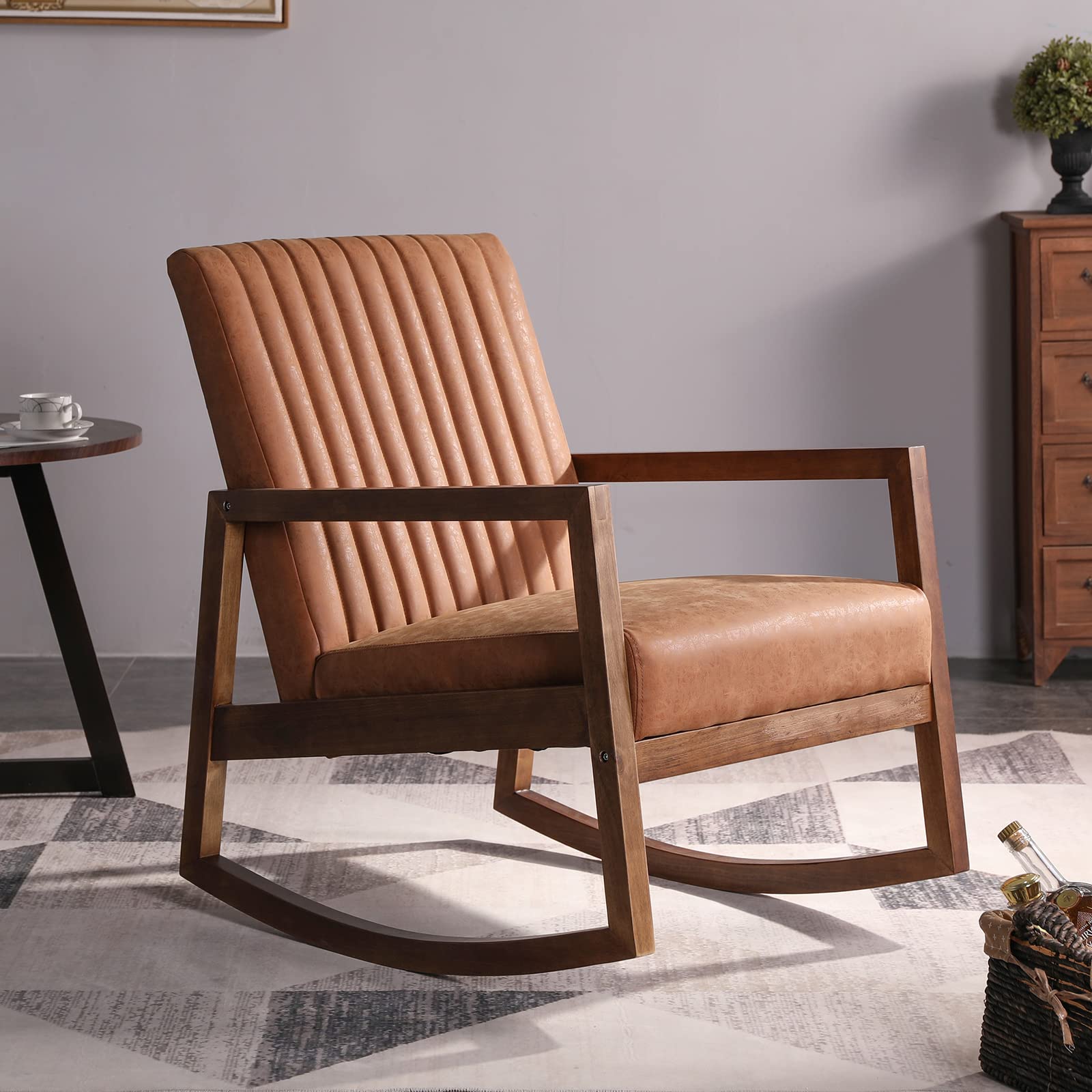 Wahson PU Leather Rocking Chair Mid-Century Armchair with Solid Wood Legs, Leisure Relax Chair for Living Room/Bedroom/Balcony (