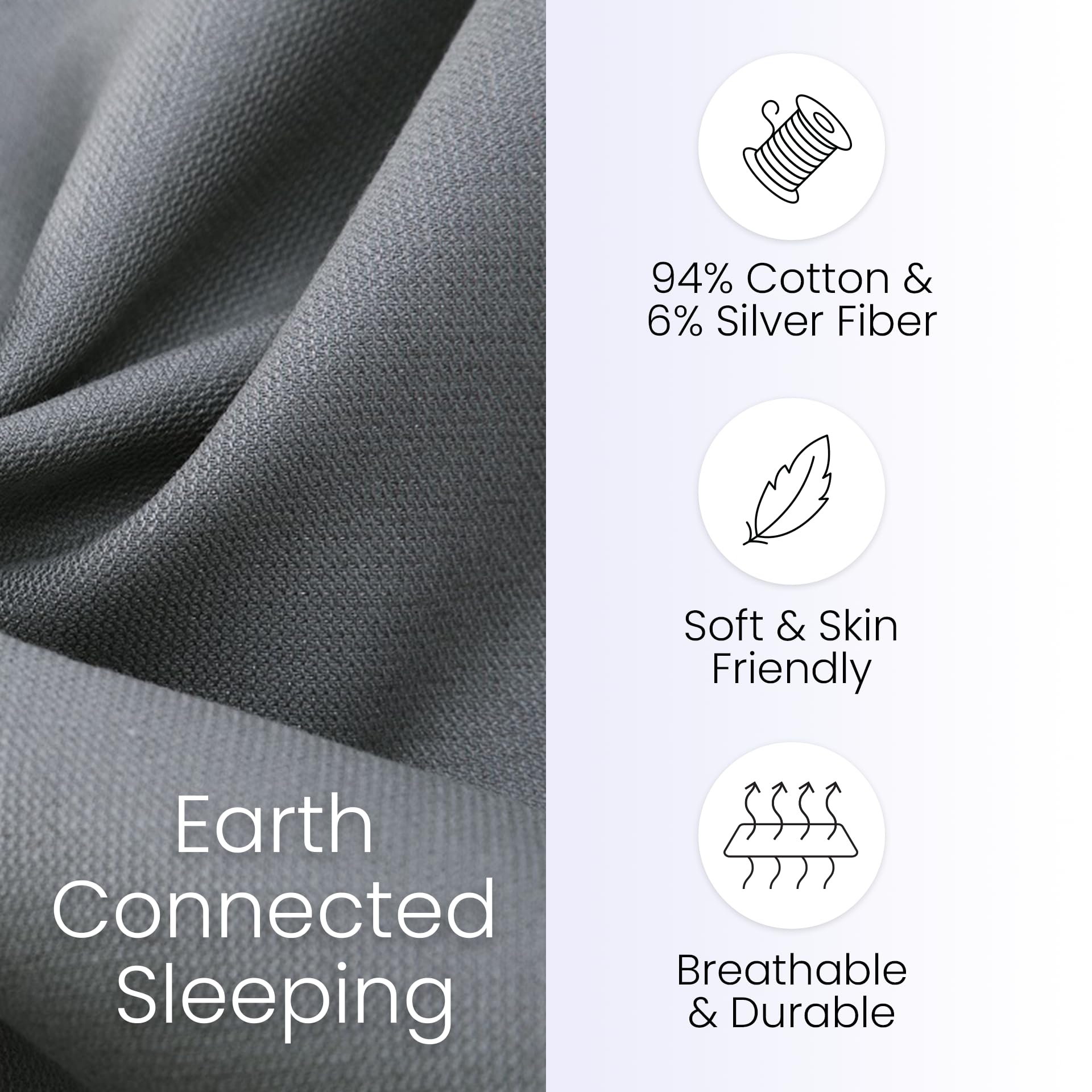 Grounding Sheet, King Size, 94% Organic Cotton 6% Conductive Silver, Fitted Earth Connected Sheets For Sleep, Pain Relief, Welln