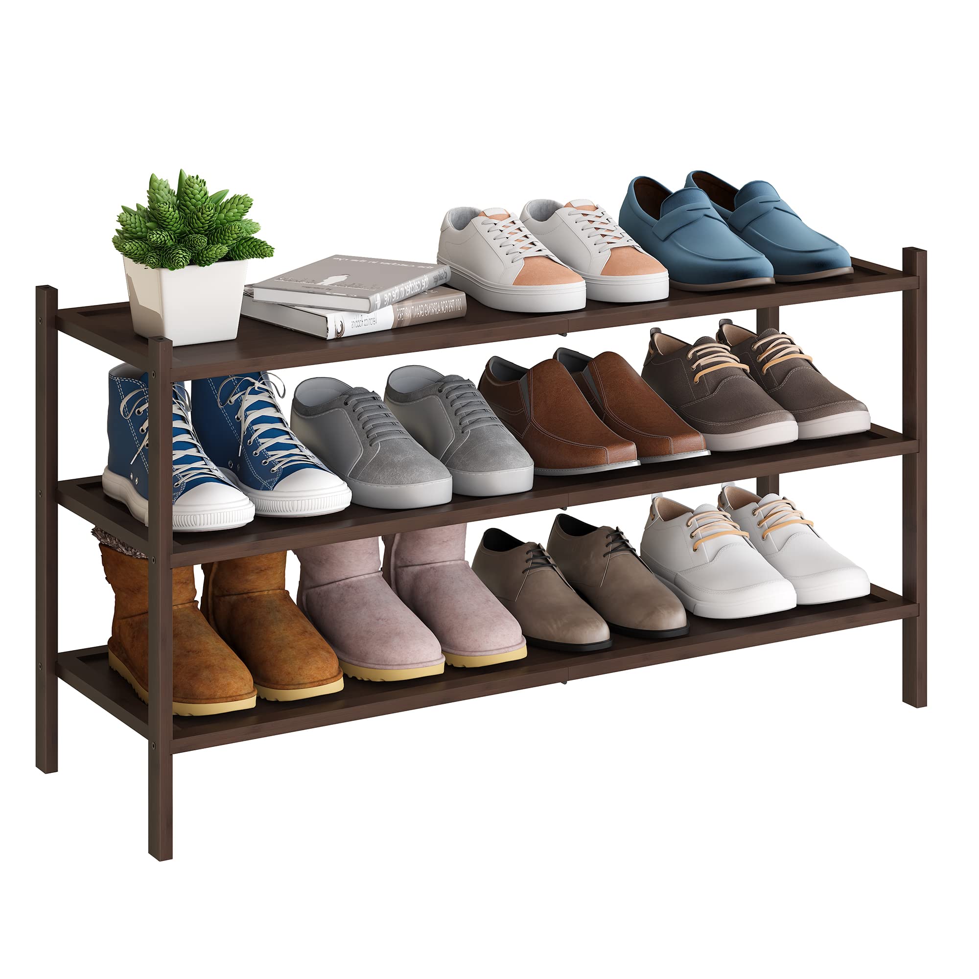 Bmosu 3-Tier Bamboo Extended Shoe Rack Premium Stackable Shoe Shelf Storage Organizer For Hallway Closet Living Room Entryway Organizer(Brown)