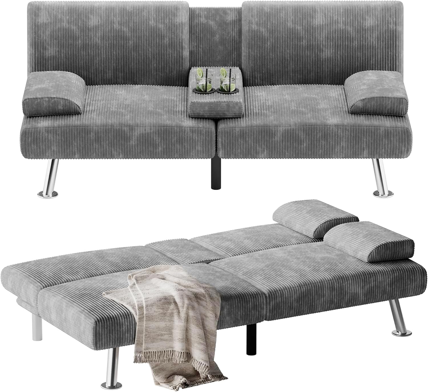 Flamaker Futon Sofa Bed Modern Folding Futon Set Convertible Recliner Lounge for Living Room with 2 Cup Holders, Removable Armre