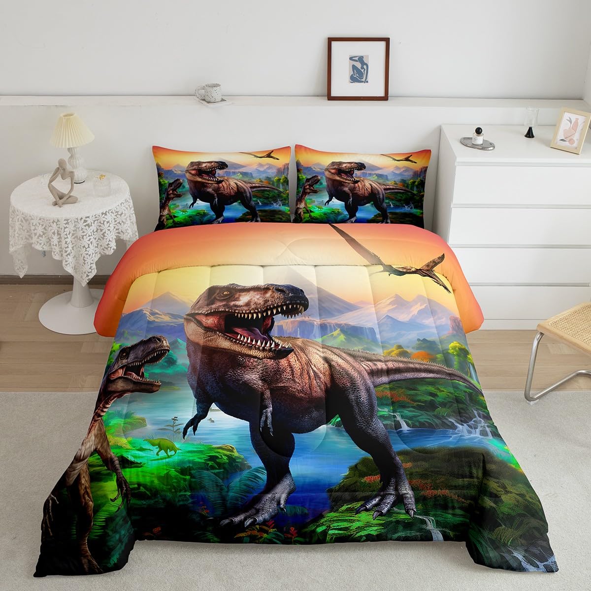 Erosebridal Boys Dinosaur Queen Bedding Set Kids 3D Cartoon Dinosaurs Comforter Set Teen Boy Bedding Dinosaur Quilt Dinosaur Room Decor Soft Lightweight Duvet Sets For All Season 2 Pillow Cases