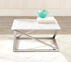 Steve Silver Co Zurich Contemporary Faux Marble Coffee Asymmetrical Matte Chrome Base Table, 36 x 36 x 18, White