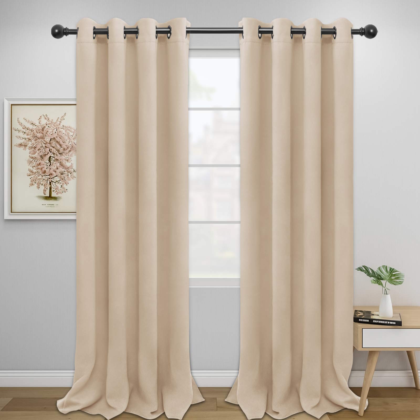 Easy-Going Blackout Curtains For Bedroom, Solid Thermal Insulated Grommet And Noise Reduction Window Drapes, Room Darkening Curtains For Living Room, 2 Panels(52X108 In,Beige)