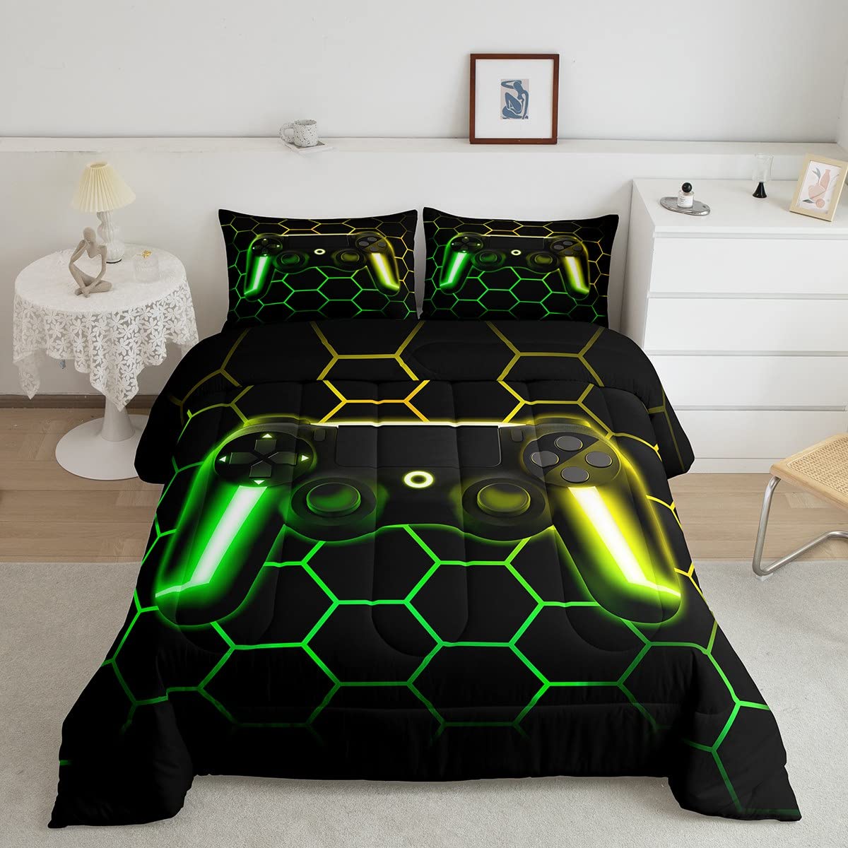 Erosebridal Gaming Bedding Sets For Boys Twin Gamer Comforter Sets With Glitter Honeycomb Printed,Neon Light Game Console Quilte