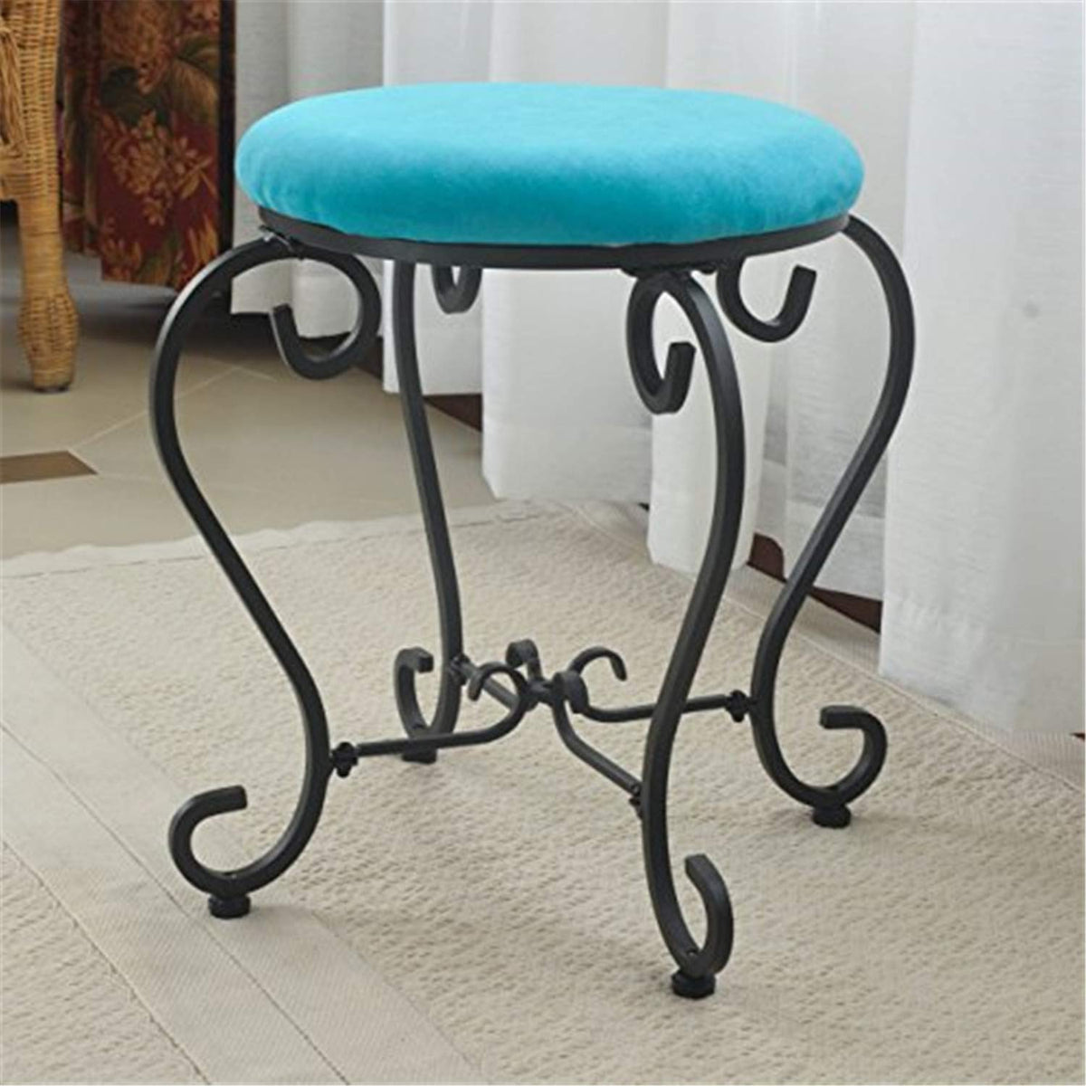 International Caravan Round Iron Vanity Stool, Aqua Blue