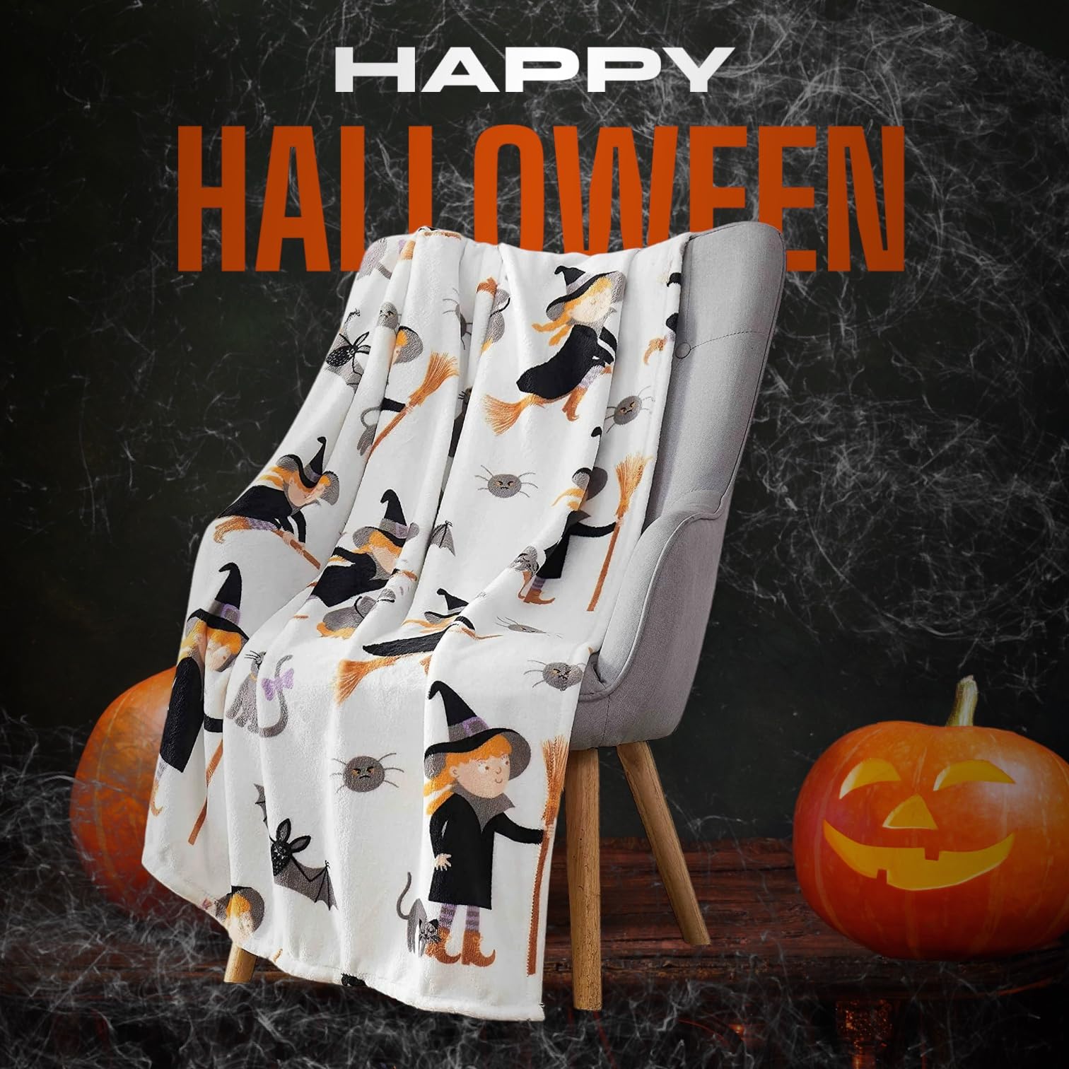 Halloween Throw Blanket: Cute Girl Witch With Faithful Cat Surrounded By Spiders And Bats Print On Fuzzy Soft Velvet Fleece Thro