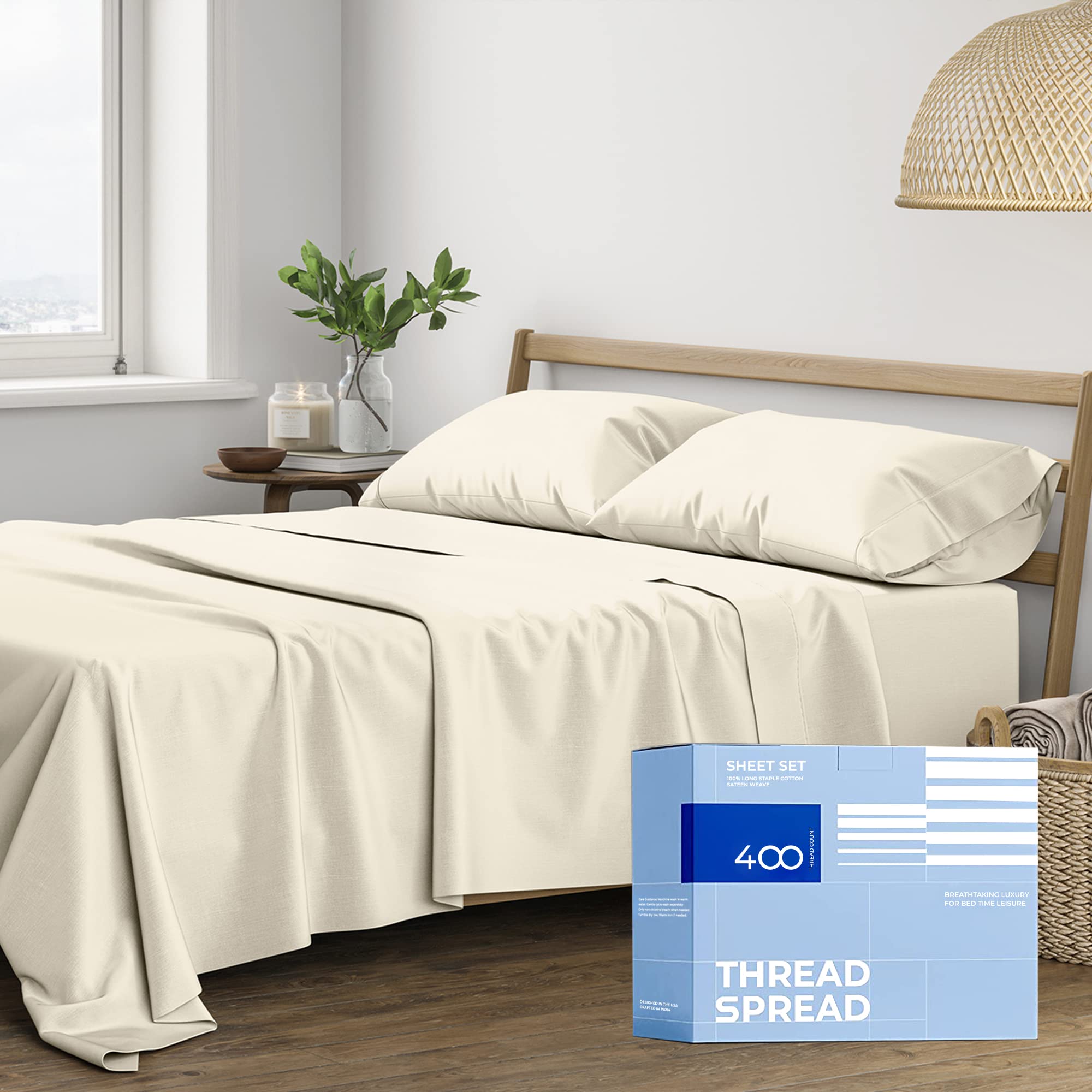Thread Spread 100% Cotton Full Size Bed Sheet Sets - 400 Thread Count 4 Pc Cotton Sheets For Full Bed, Soft, Cooling Sheets Full