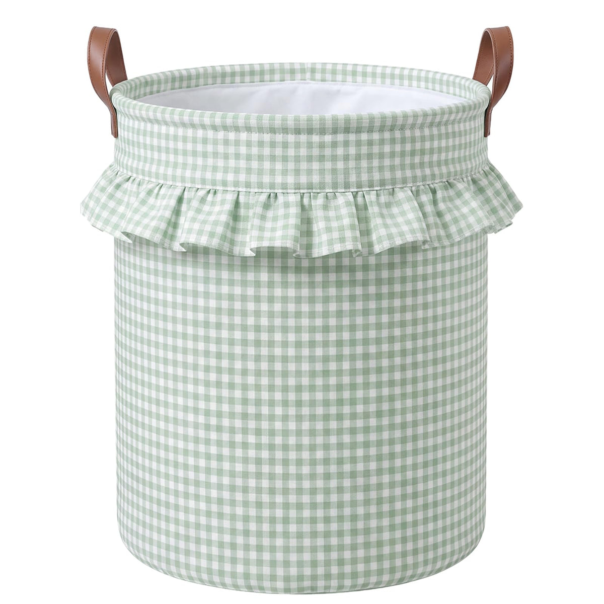 Green Gingham Laundry Basket Ruffled Checkered Laundry Hamper